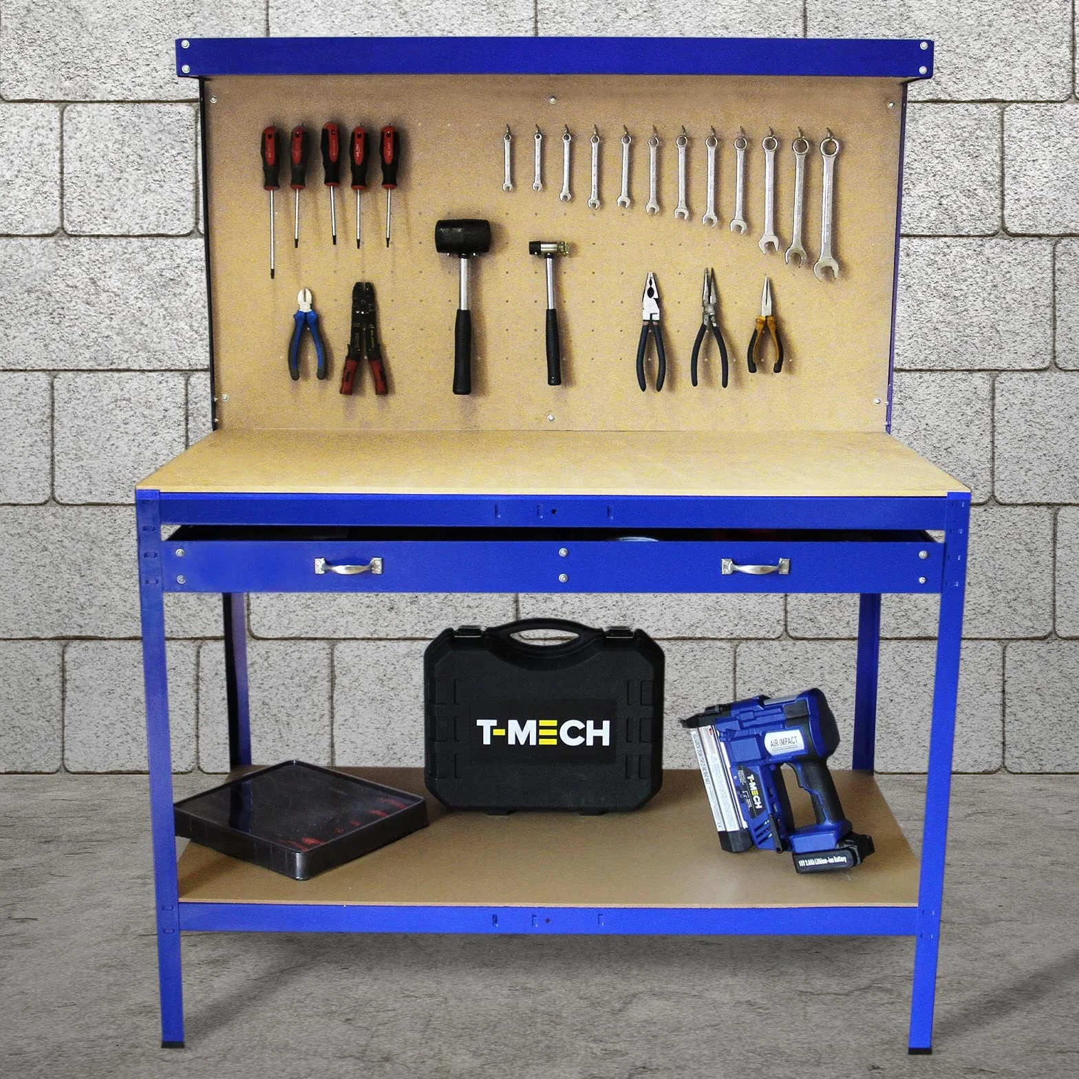 Mesa de Trabajo Metálica 155x120x60cm Banco de Trabajo Azul con Tablero de Clavijas y Cajón Capacidad 200kg Almacenamiento Herramientas Taller Garaje