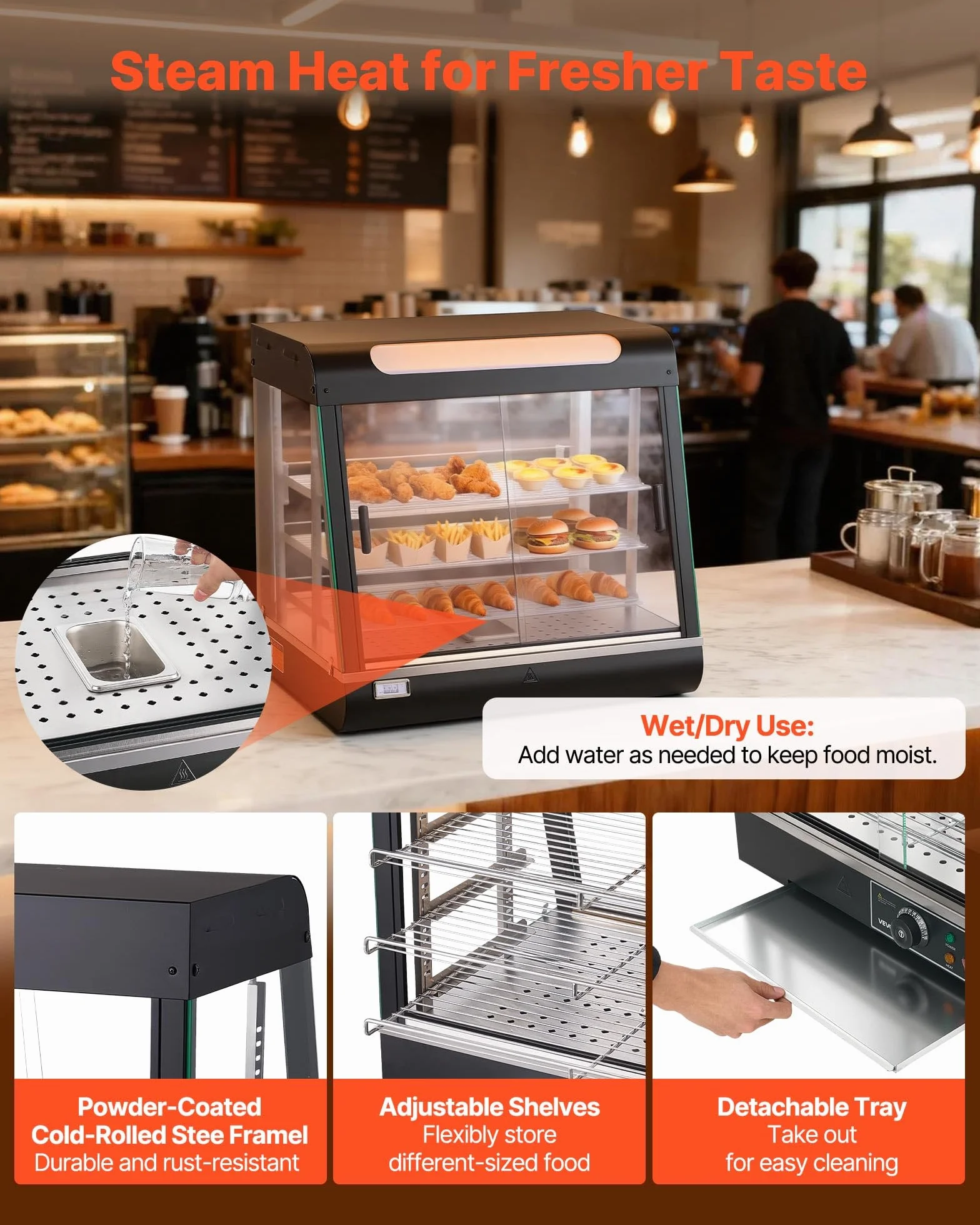 VEVOR Vitrina de Calor para Hostelería 1200 W 100 L 3 Niveles con Luz LED, Estantes Extraíbles 30-85°C