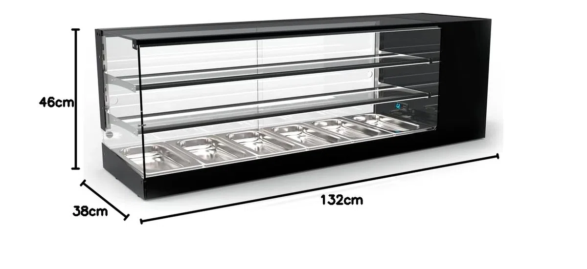 Vitrina de Tapas Logic WORLDMAI x SAYL, 132 x 38 cm, 3 Pisos y 6 cubetas GN 1/3 para hostelería. Vitrina expositora refrigerada Profesional de sobremesa con iluminación LED, para Bar y Restaurante.