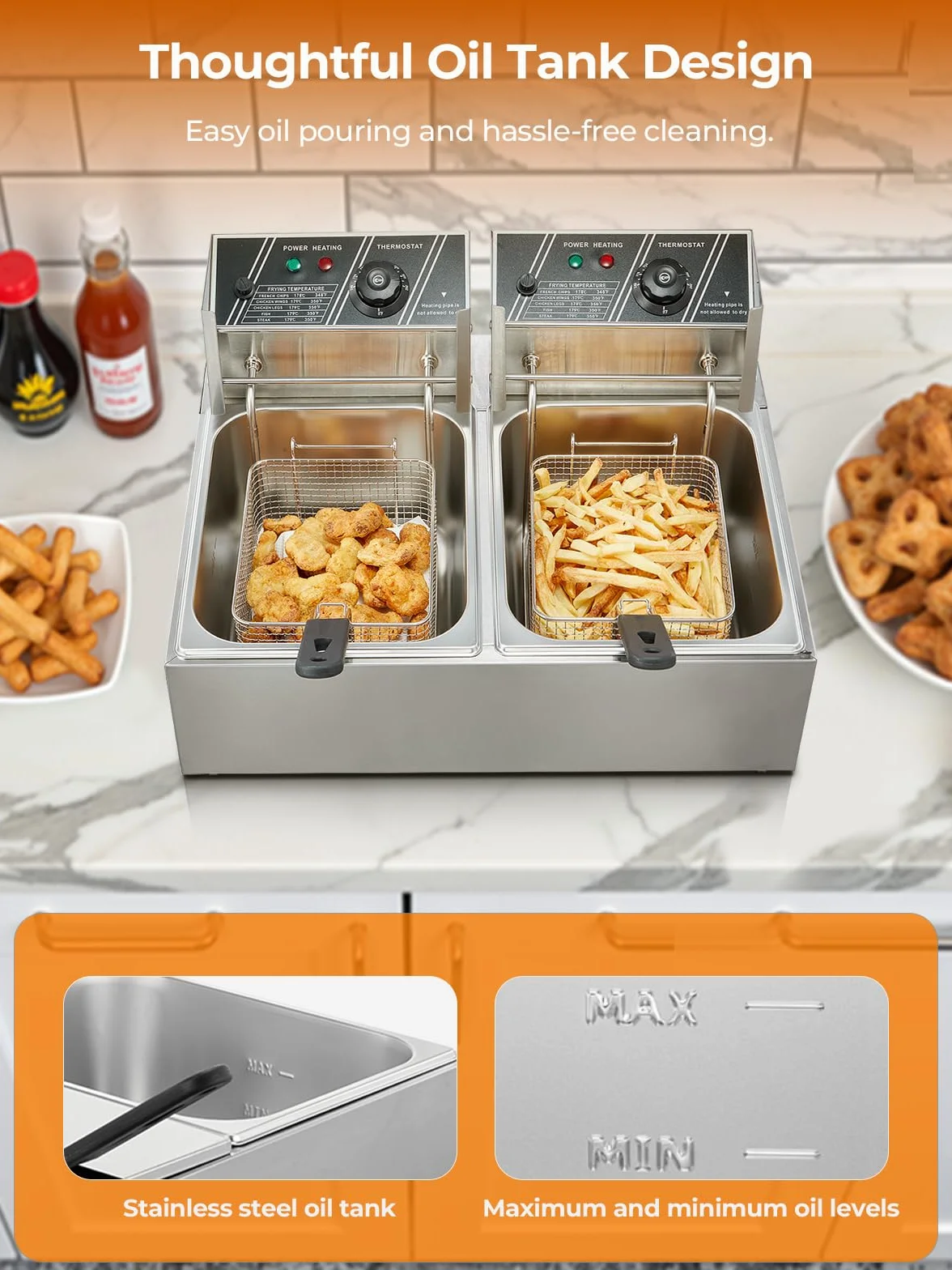 FOHERE Freidoras Aceite de 21.6L, Freidora Industriales Doble de Acero Inoxidable de 3400W con Cesta y Tapa, Temperatura Ajustable de 60-200°C, para Cocina, Restaurante, Fácil de Limpiar