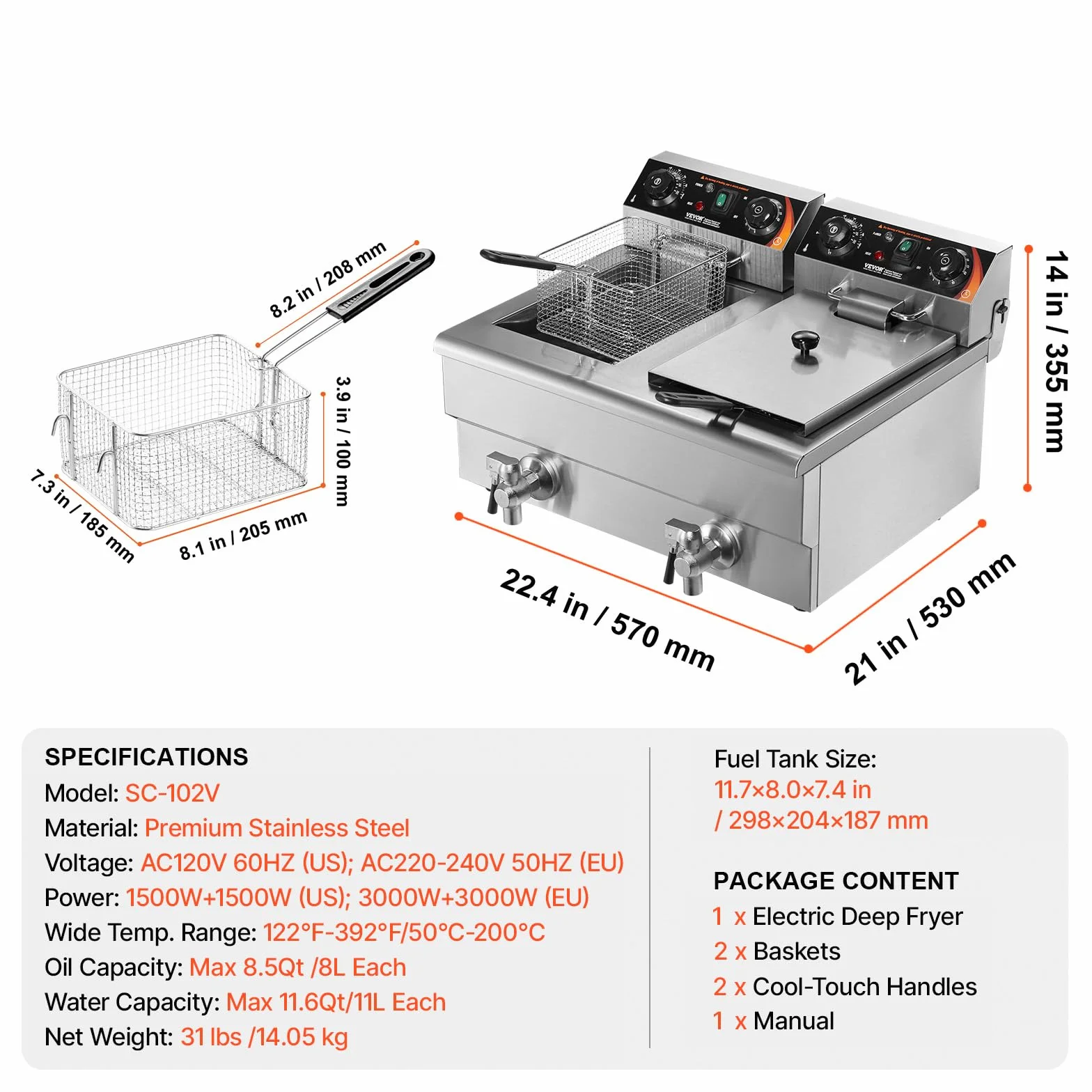 VEVOR Freidora Eléctrica Comercial 3000 W 2 Tanques 2 x 11 L, Freidora de Aceite de Acero Inoxidable con 2 Cestas para Freír Temperatura y Tiempo Ajustables, para Aros de Cebolla, Patatas Fritas