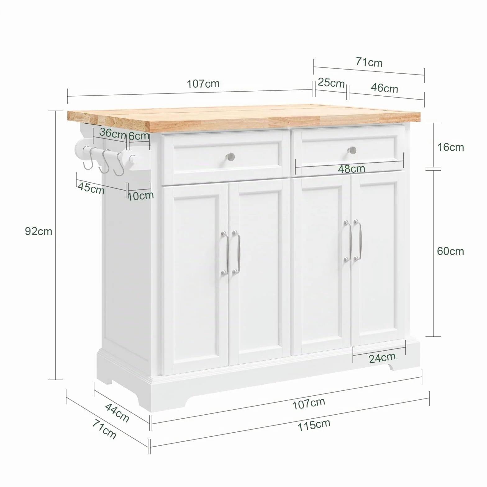 SoBuy Isla Cocina con Ruedas Carrito de Cocina con encimera Extensible Isla de Cocina móvil con Mesa Auxiliar de Cocina con Ruedas Blanco 115x92x(46-71) cm FKW71-III-WN