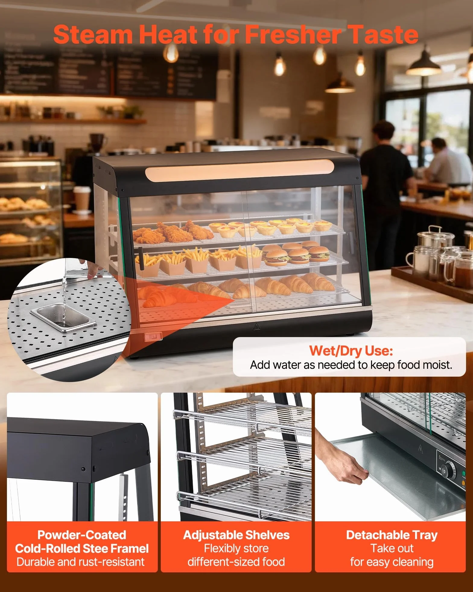 VEVOR Vitrina de Calor 3 Niveles 1400 W Expositor Calentador de Alimentos 130 L Luz LED Estantes Extraíbles