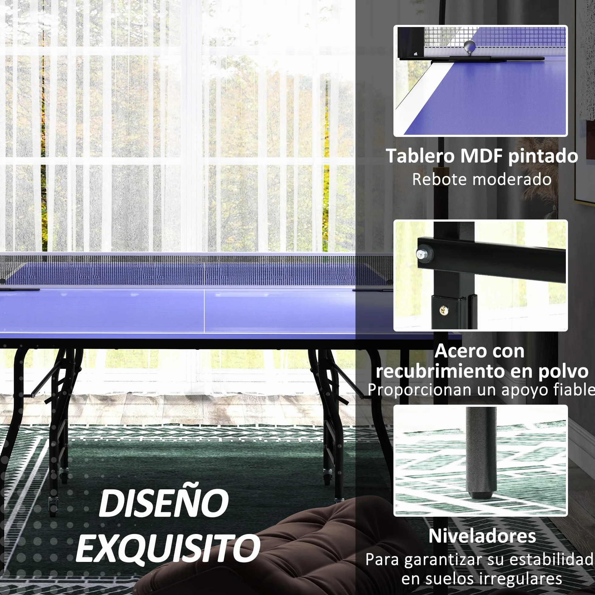 SPORTNOW Mesa de Ping-Pong Plegable Tamaño Estándar con 4 Ruedas, Red, 2 Paletas y 3 Pelotas 274x152,5x76 cm Azul