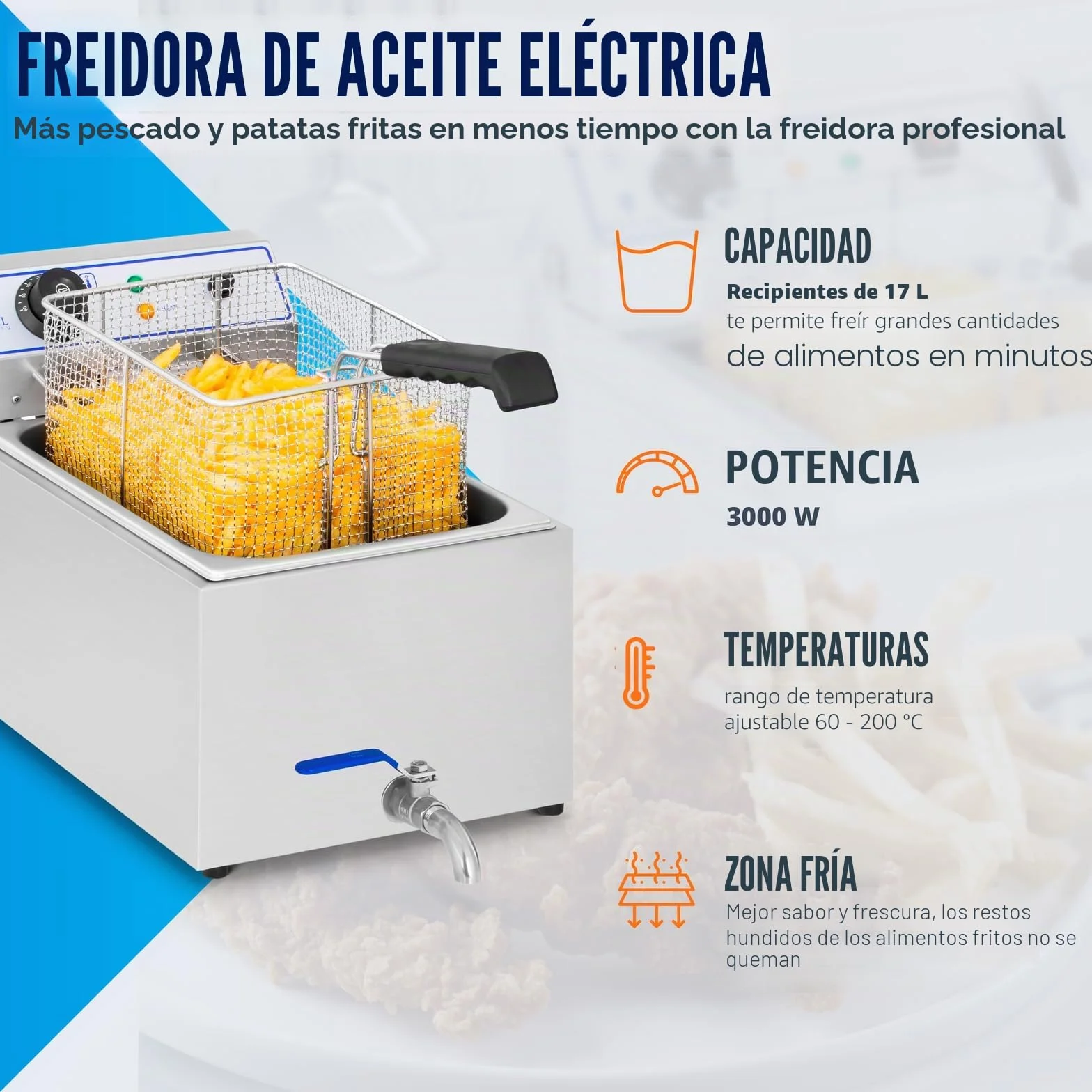 Royal Catering Freidora Electrica Profesional RCEF 15E (17 L, 3.000 W, Termostato, Rango de temperatura 60-200 °C, Grifo de vaciado, Acero inoxidable)