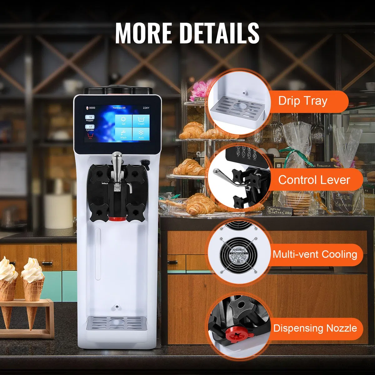 VEVOR Máquina de Helados Comercial 10 L/h 900 W Sabor Único Máquina de Helados Italiana Tolva de Acero Inoxidable 4 L Preenfriamiento Automático de Pantalla Táctil para Restaurante Bar Mercado Tienda