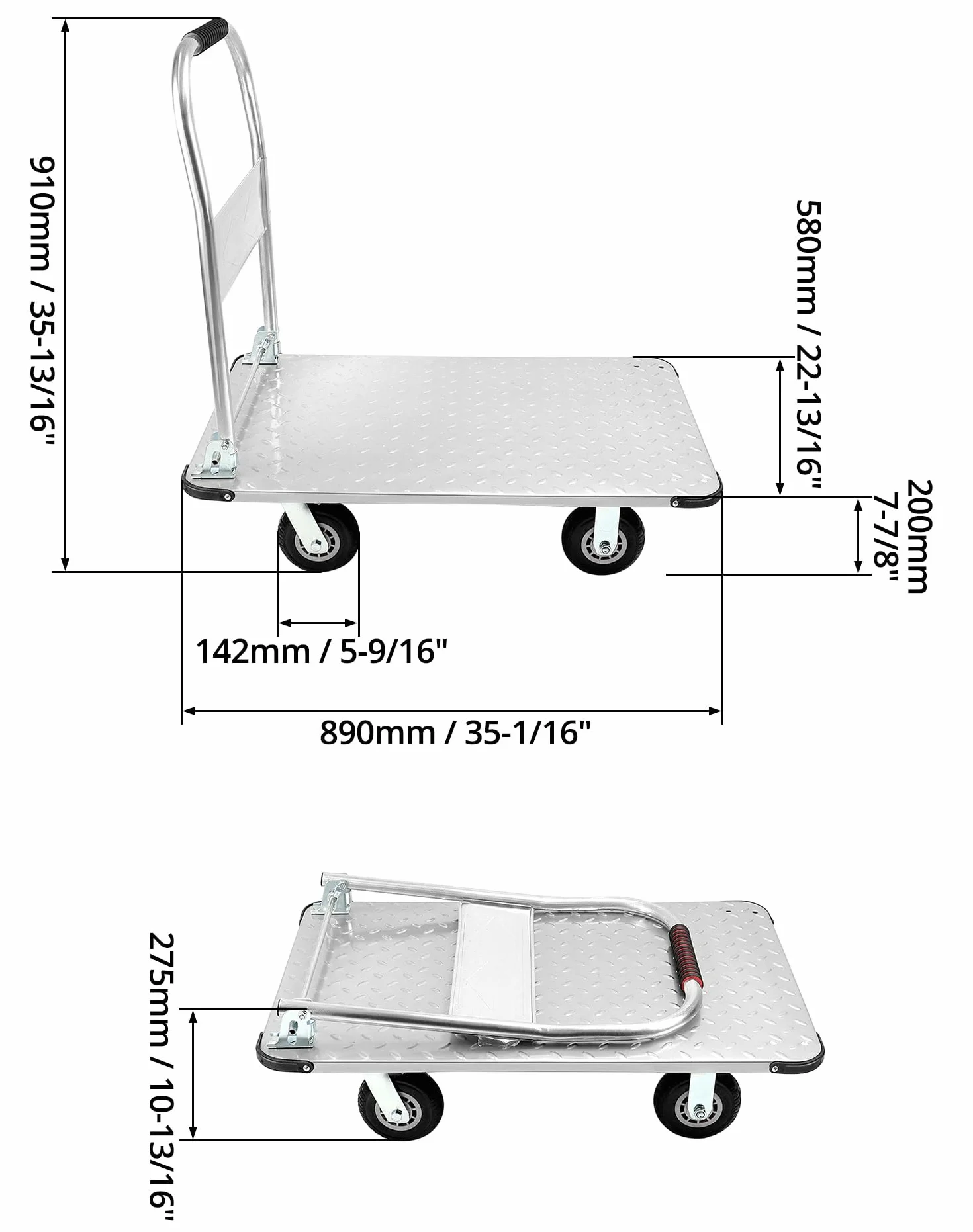 QWORK® Carro de Plataforma Plegable Robusto, con Capacidad de Carga de 1100 kg, 90 x 60 cm y neumáticos de Goma silenciosos, Carro de Transporte de Acero para Trabajo Pesado