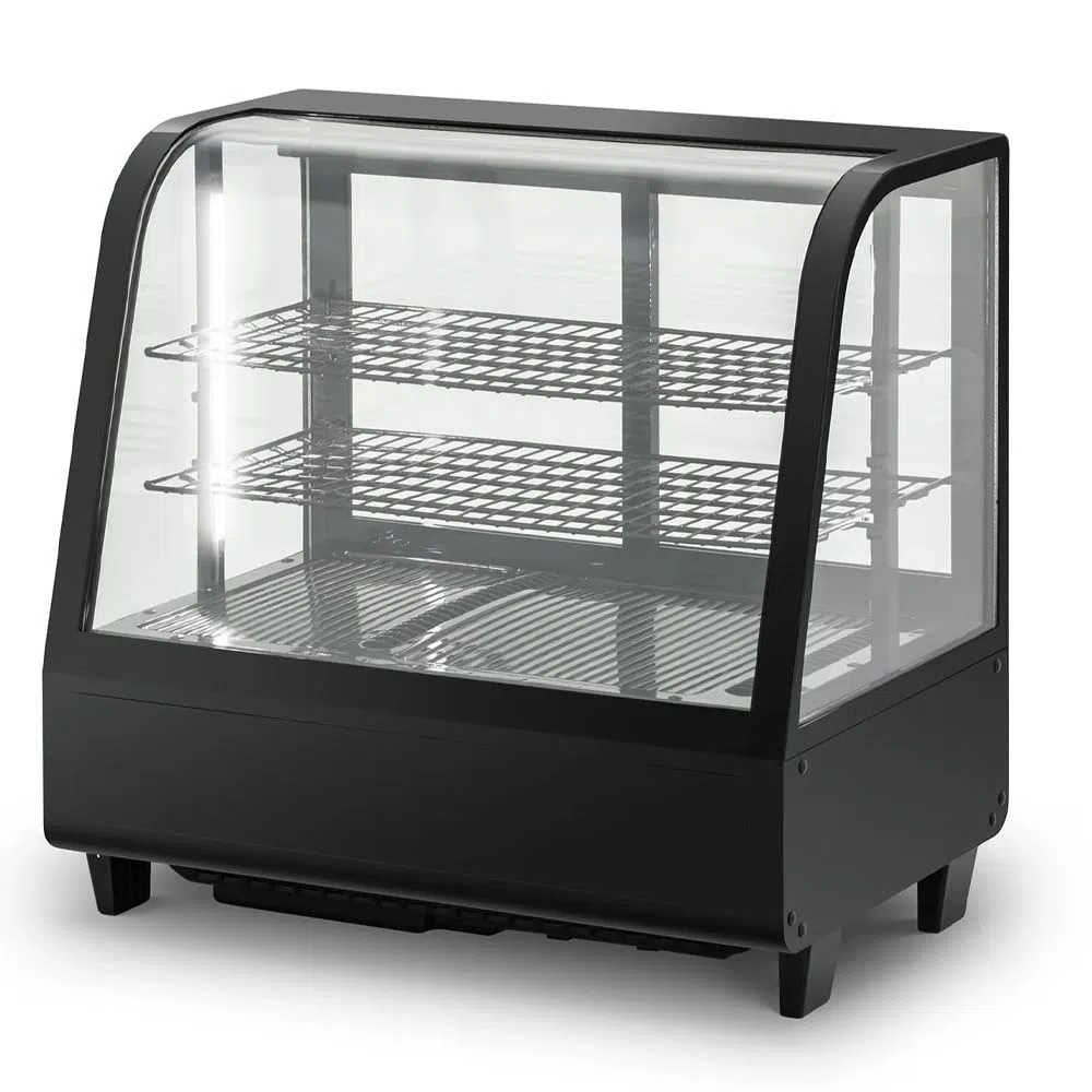 Vitrina Pastelera Expositora Refrigerada 2 Estantes con 2 Puertas Correderas Negra 100 Litros Ventilada | Vitrina Sobremesa Cristal Curvado