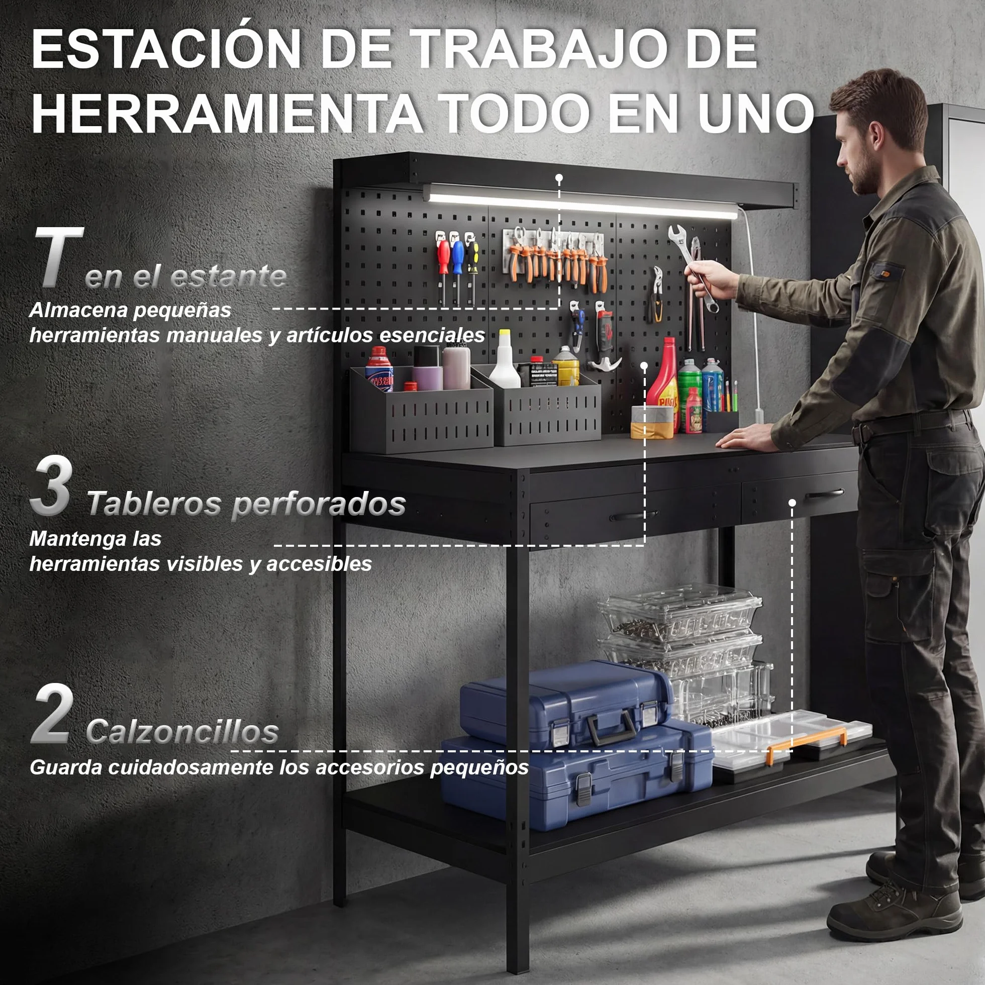 HOMCOM Banco de Trabajo, Carga 272 kg, 110x60x150 cm, Mesa de Trabajo con Tableros Perforados Metálicos, Toma de Corriente, Luces LED, 2 Cajones y Estantes, para Garaje y Taller, Negro