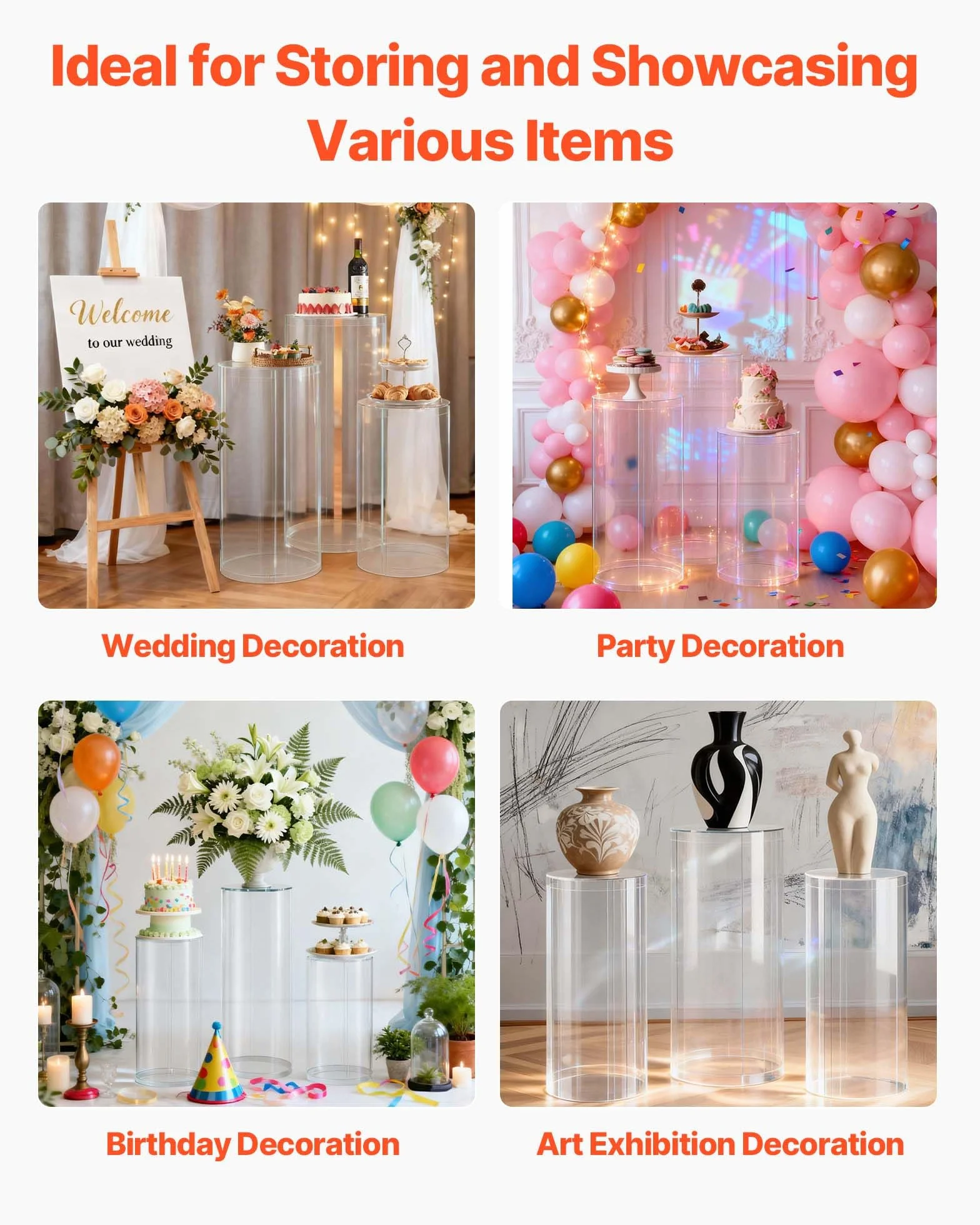 VEVOR Soporte Floral para Bodas, 3 uds, Pedestal Cilíndrico Redondo de 60/75/90 cm, con Tapa Acrílica Transparente, Diseño Moderno y Duradero, para Fiestas, Cumpleaños y Decoración Artística
