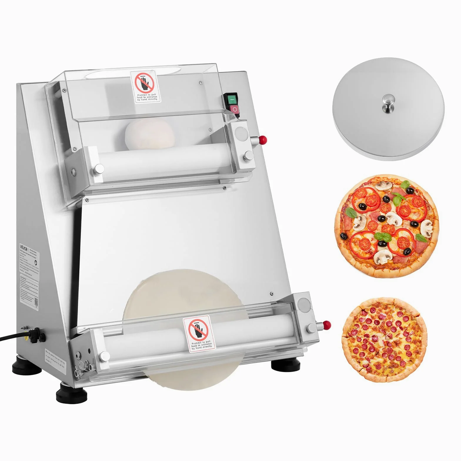 VEVOR Rodillo Laminador de Masa para Pizza, Prensa Semiautomática de Acero Inoxidable 7,6 a 40,6 cm, 390 W, 260 Piezas por Hora, Grosor Ajustable, con Tapa para Prensar Masa, 530 x 520 x 640 mm