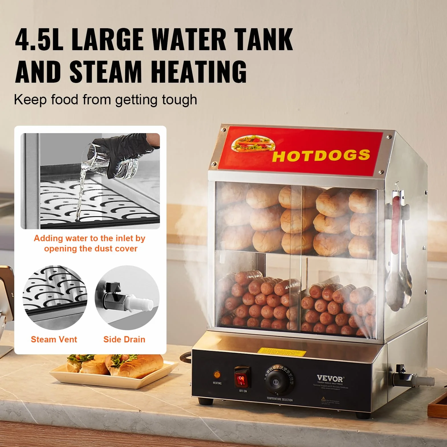 VEVOR Vaporera para Perritos Calientes 27 L 2 Niveles Control de Temperatura 30-85 ℃ Acero Inoxidable 345x380x510 mm