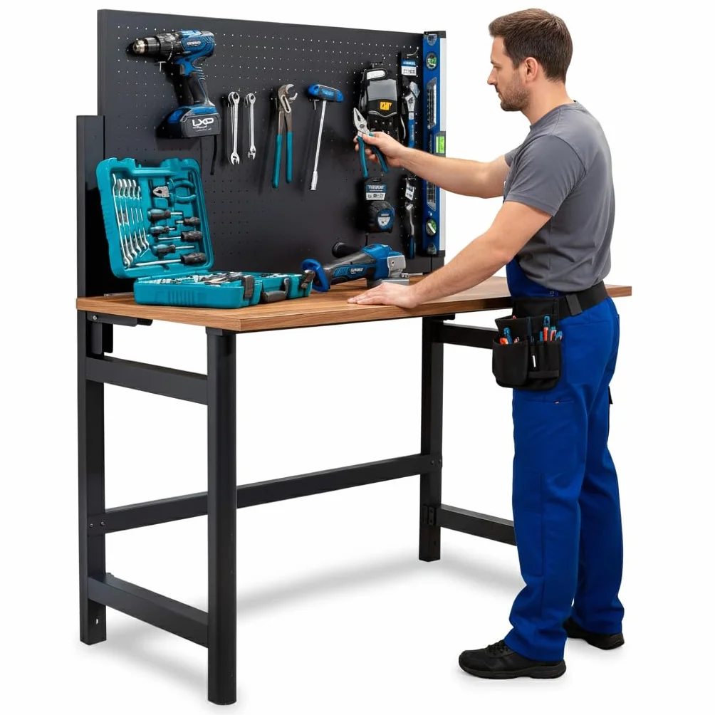 Kompact Banco de Trabajo Plegable de Pared con Altura Regulable, Mesa de Trabajo con Panel Perforado y Ganchos