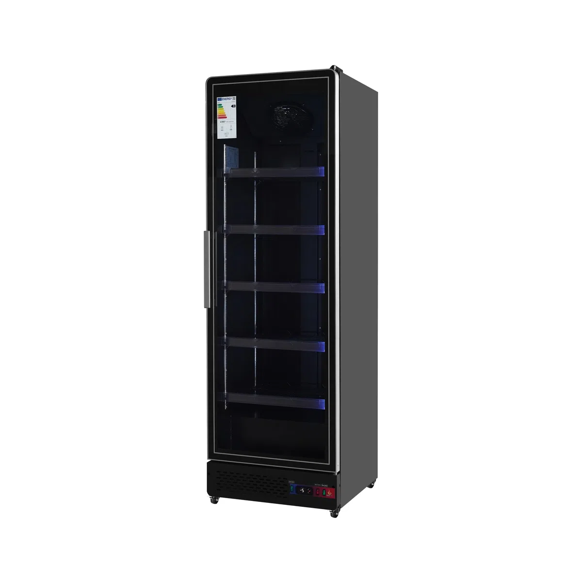 Armario Expositor Refrigerado Profesional | 1 Puerta Cristal, Sub-Zero, 450L, Luz LED Multicolor, Control Digital CAREL, Ventilado, Clase Energética B, Acero Inox Negro