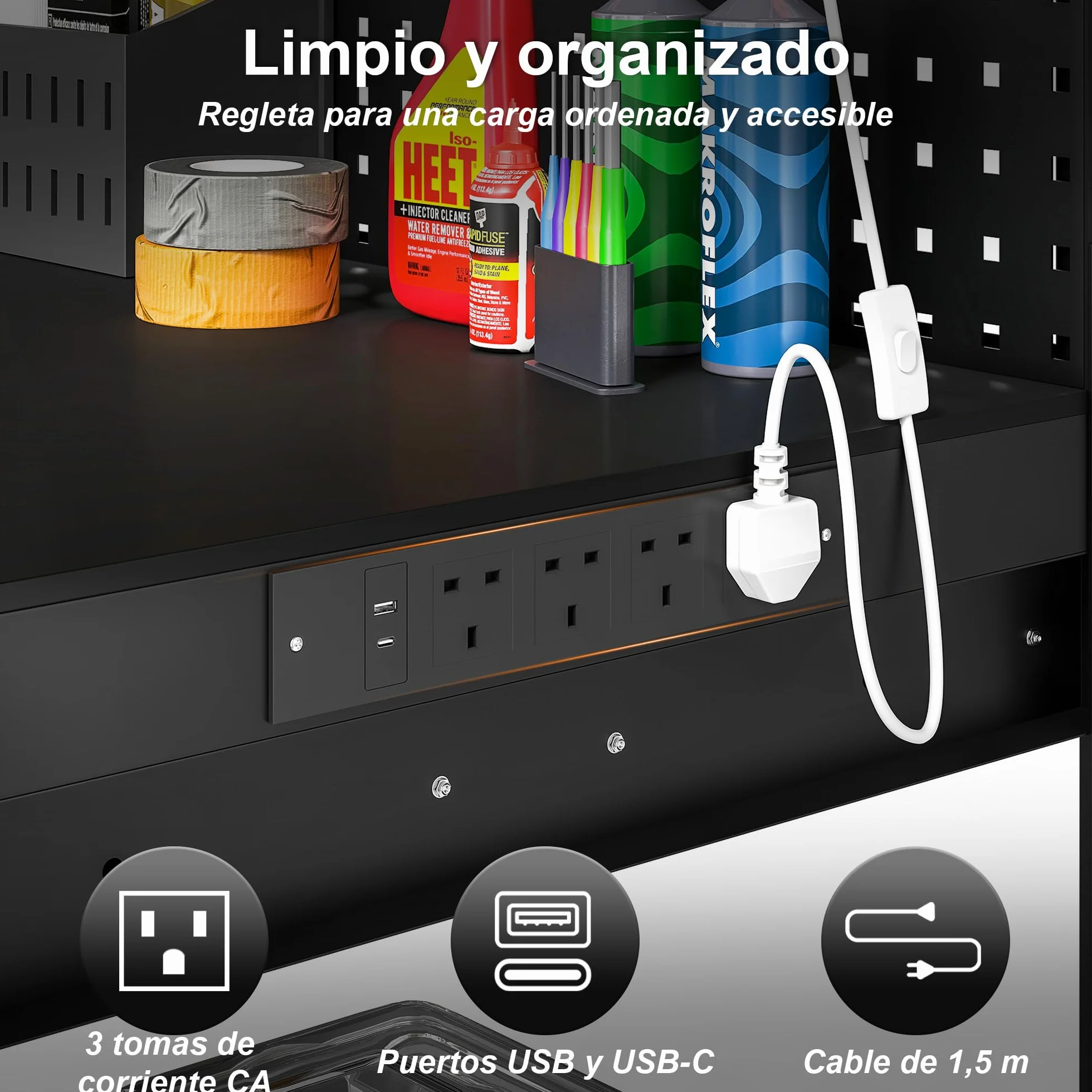 HOMCOM Banco de Trabajo, Carga 272 kg, 110x60x150 cm, Mesa de Trabajo con Tableros Perforados Metálicos, Toma de Corriente, Luces LED, 2 Cajones y Estantes, para Garaje y Taller, Negro