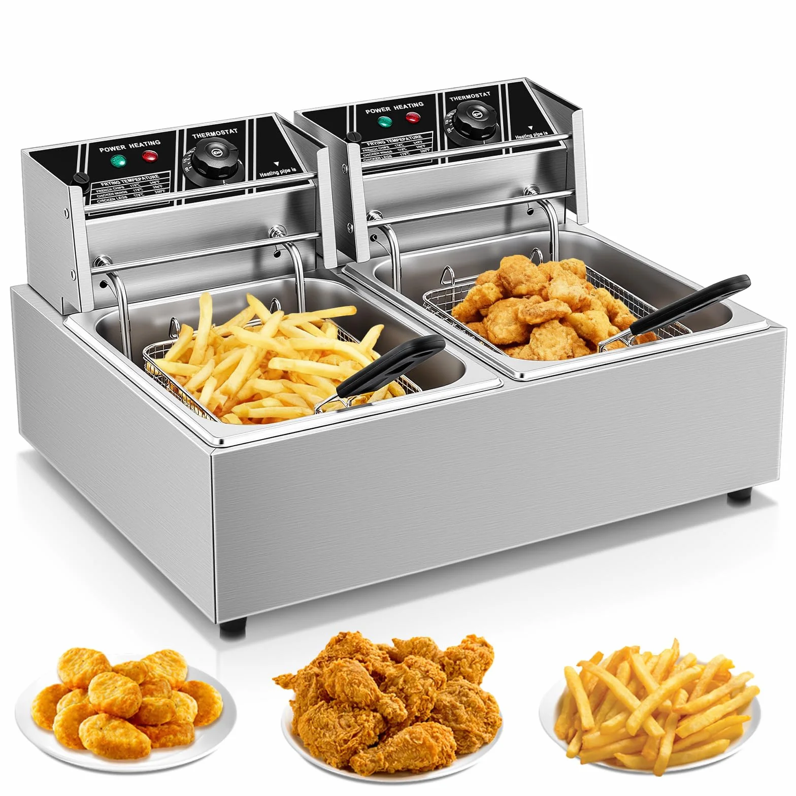 FOHERE Freidoras Aceite de 21.6L, Freidora Industriales Doble de Acero Inoxidable de 3400W con Cesta y Tapa, Temperatura Ajustable de 60-200°C, para Cocina, Restaurante, Fácil de Limpiar