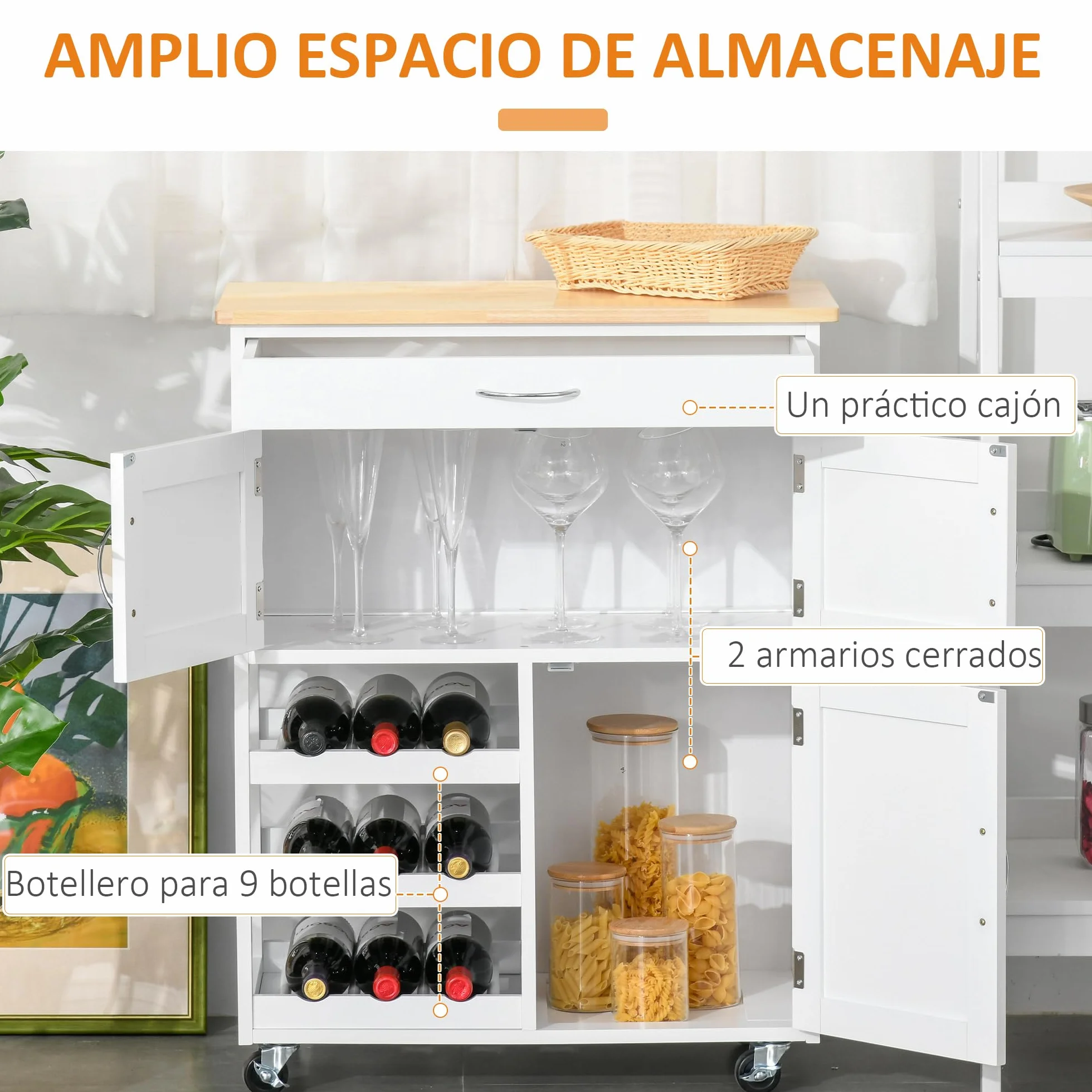 HOMCOM Carro de Cocina Carrito Auxiliar con Ruedas Cajón 2 Armarios de Almacenaje y 3 Estantes Abiertos de 9 Botellas para Comedor Restaurante 67x37x87 cm Blanco