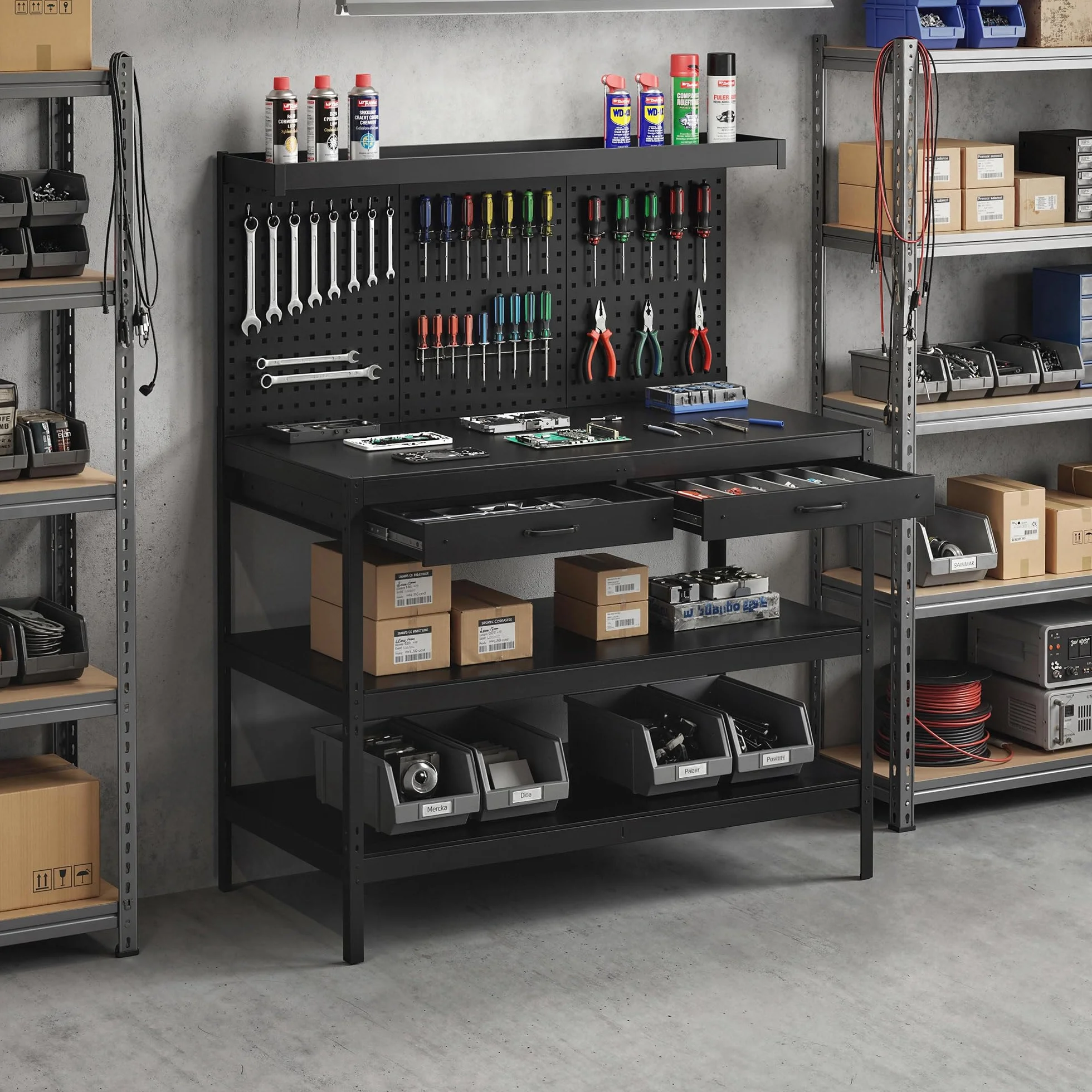 HOMCOM Banco de trabajo 1220 x 610 x 1560 mm con pared perforada, 2 cajones y 2 estantes ajustables, 272 kg capacidad