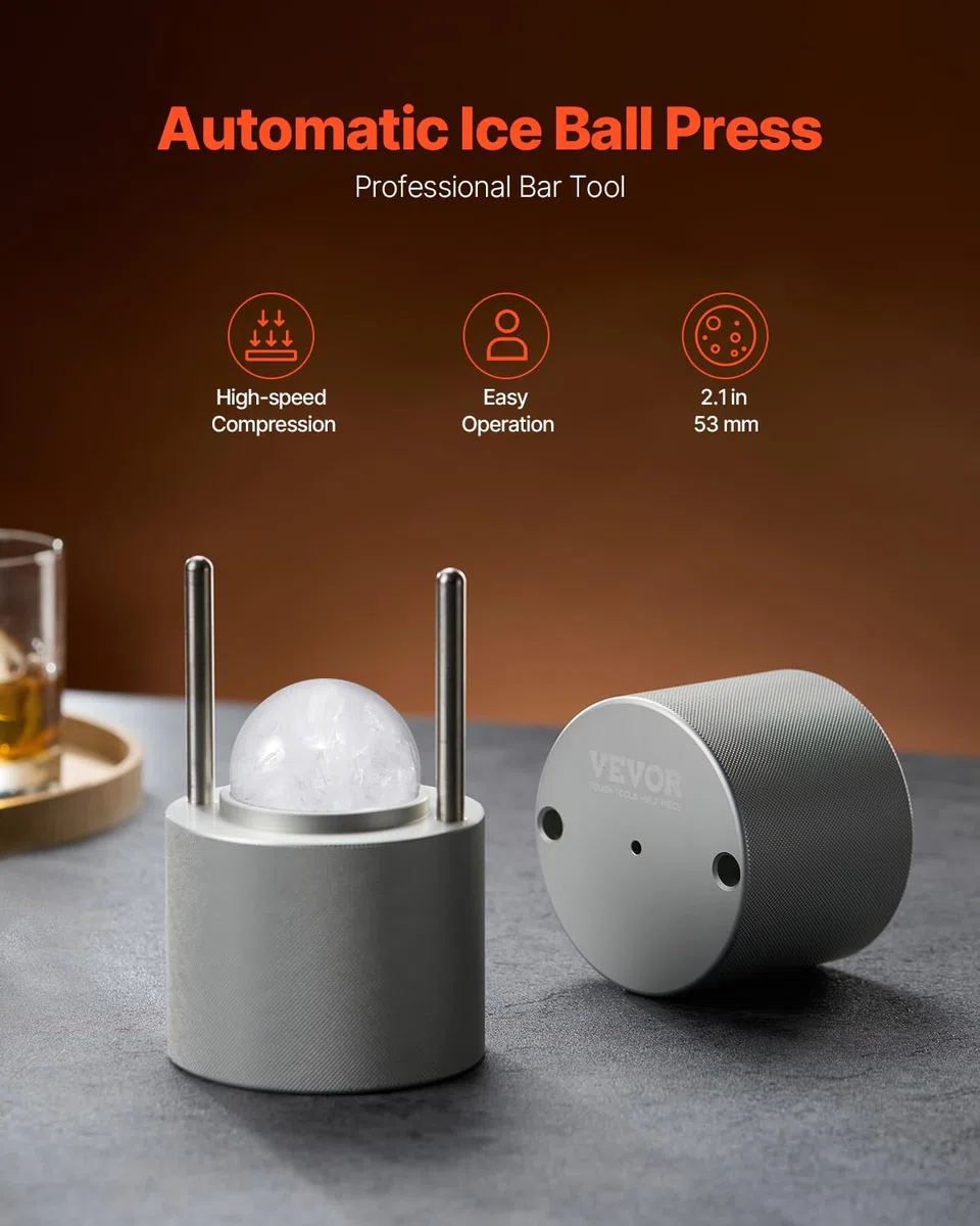 VEVOR Kit de Prensa para Bolas de Hielo Molde de Aluminio de Aviación para Cubitos de Hielo Máquina para Hacer Bolas de Hielo Redondas de 53 mm para Whisky, Cócteles en Fiestas, Días Festivos