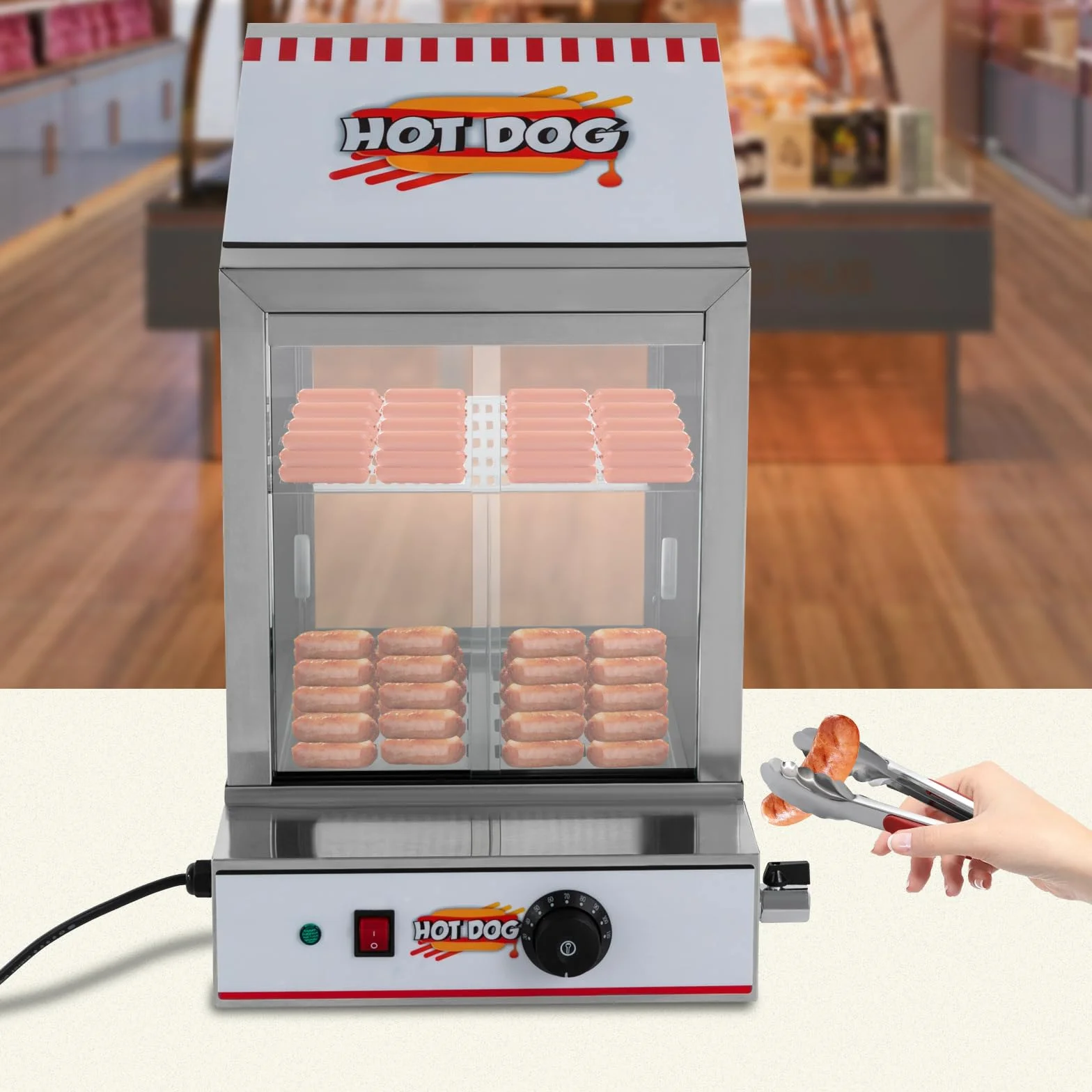 Hot Dog Maker, 1200 W Electric Hot Dog Steamer Edelstahl 5L Commerzieller Wärmeeschrank Hotdogs,Brötchenwärmer Imbiss Stand Gerät,86-230°F für Kantinen,Convenience Stores,Fast Food Restaurants