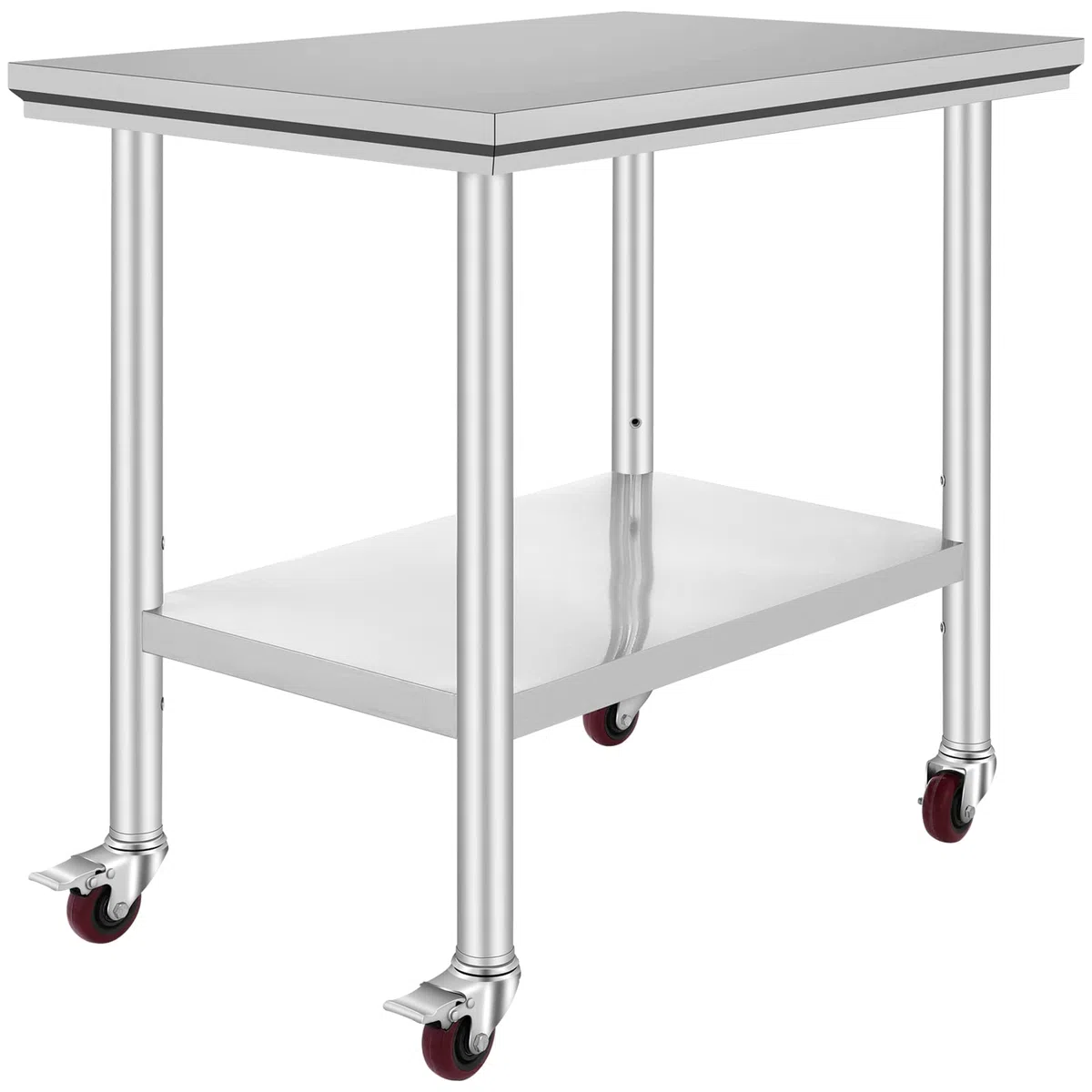 VEVOR Mesa de Trabajo 2 Niveles 90 x 60 x 85 cm, Mesa con Ruedas de Acero Inoxidable, Estante Inferior Ajustable, para Preparación de Alimentos en Cocinas Comerciales, Restaurantes, Garajes, Talleres