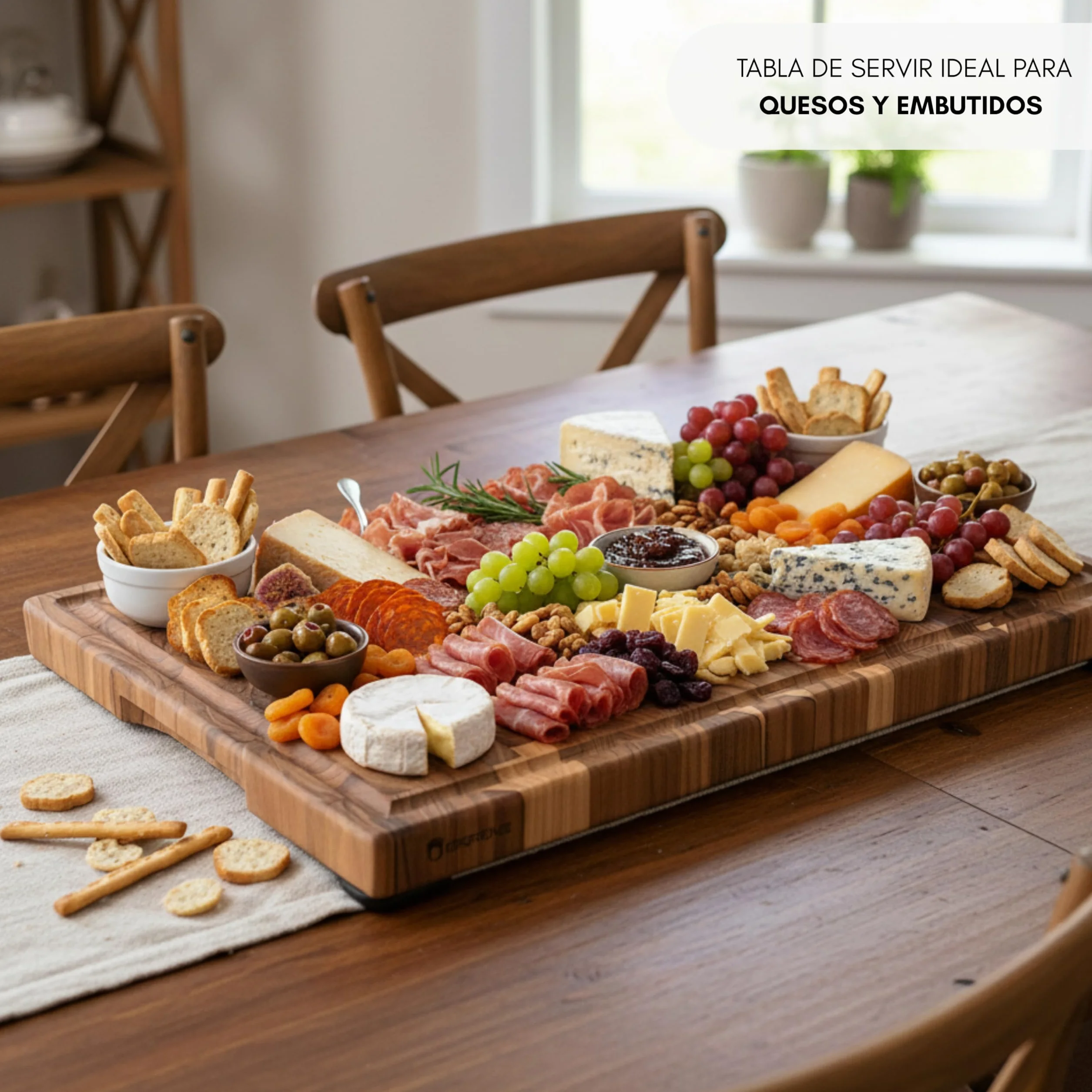 Erreke Tabla de Madera de Teca End Grain, 58x38x3.2 cm, Extra Grande | con Ranura para Jugos. Patas Antideslizantes y Asas Integradas. Tabla Madera Cocina. Para Quesos Embutidos Carne Pan