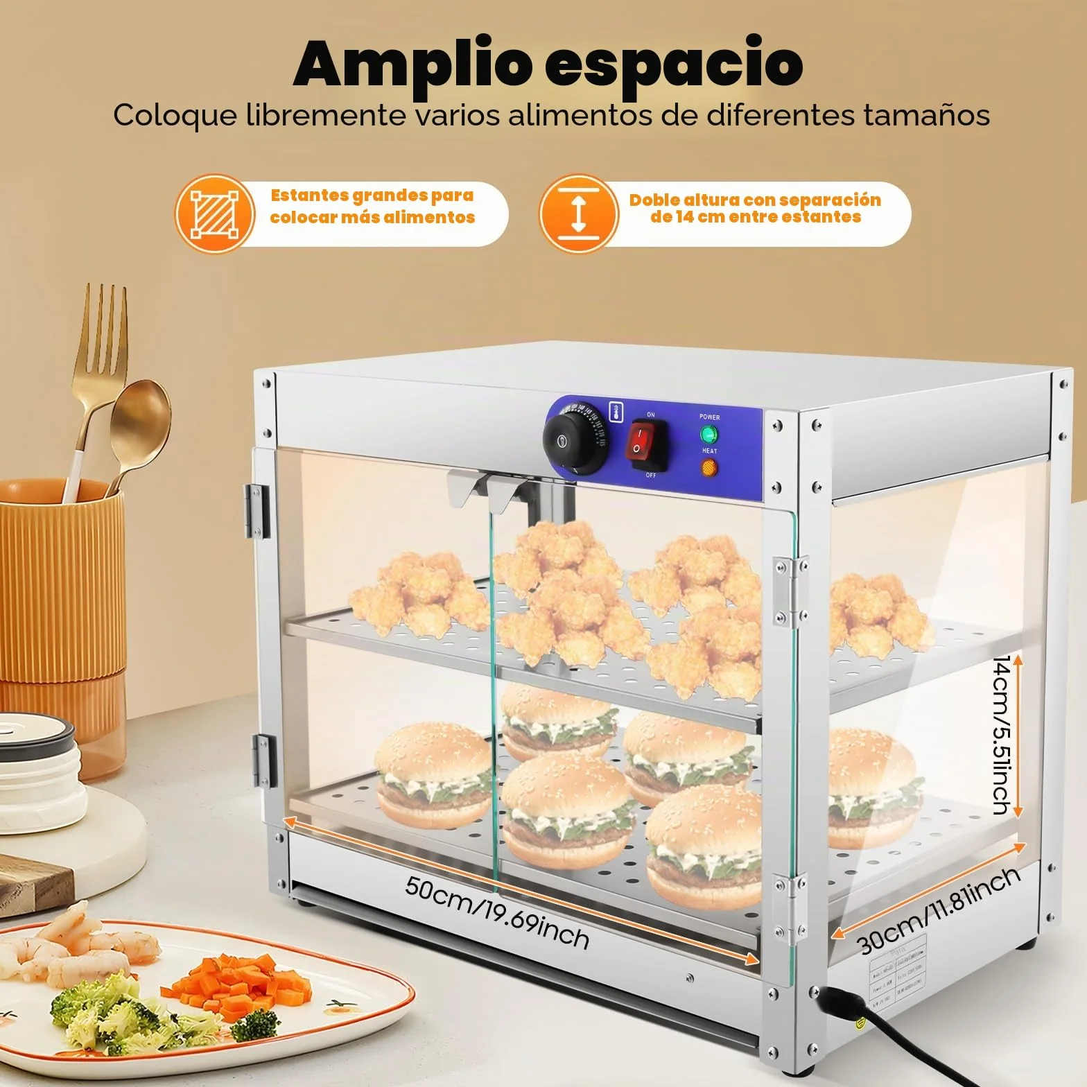 Recipiente Térmico, Vitrina Caliente 2 Niveles, 30-85°C, Calentador de Alimentos