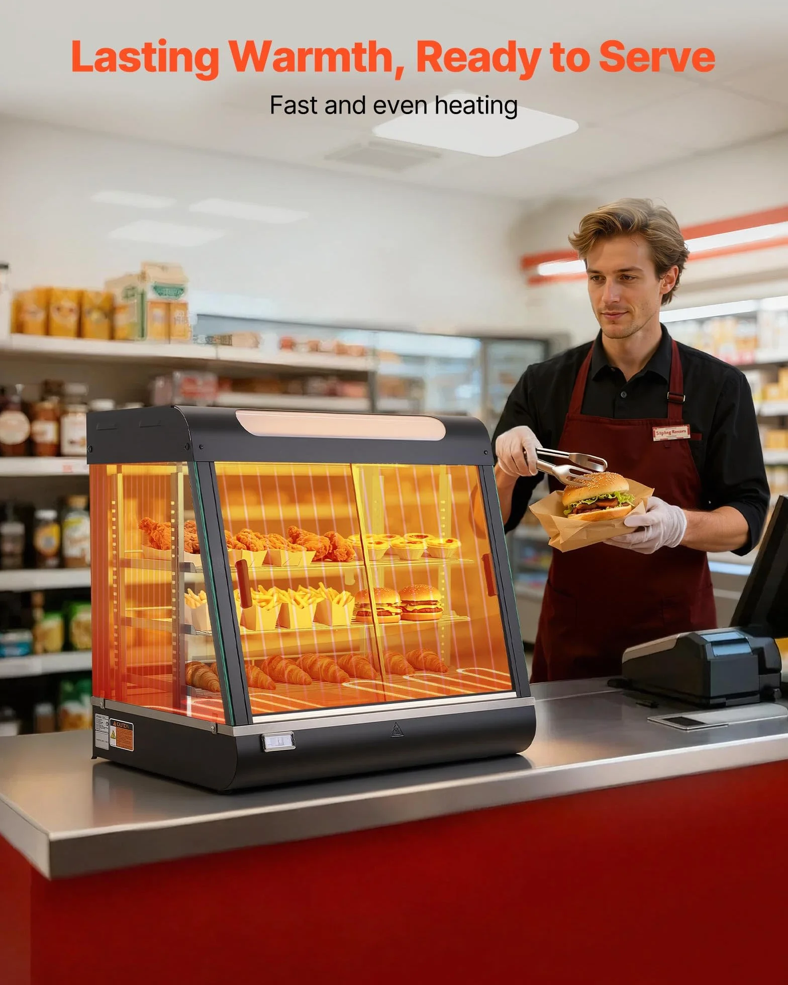 VEVOR Vitrina de Calor para Hostelería 1200 W 100 L 3 Niveles con Luz LED, Estantes Extraíbles 30-85°C