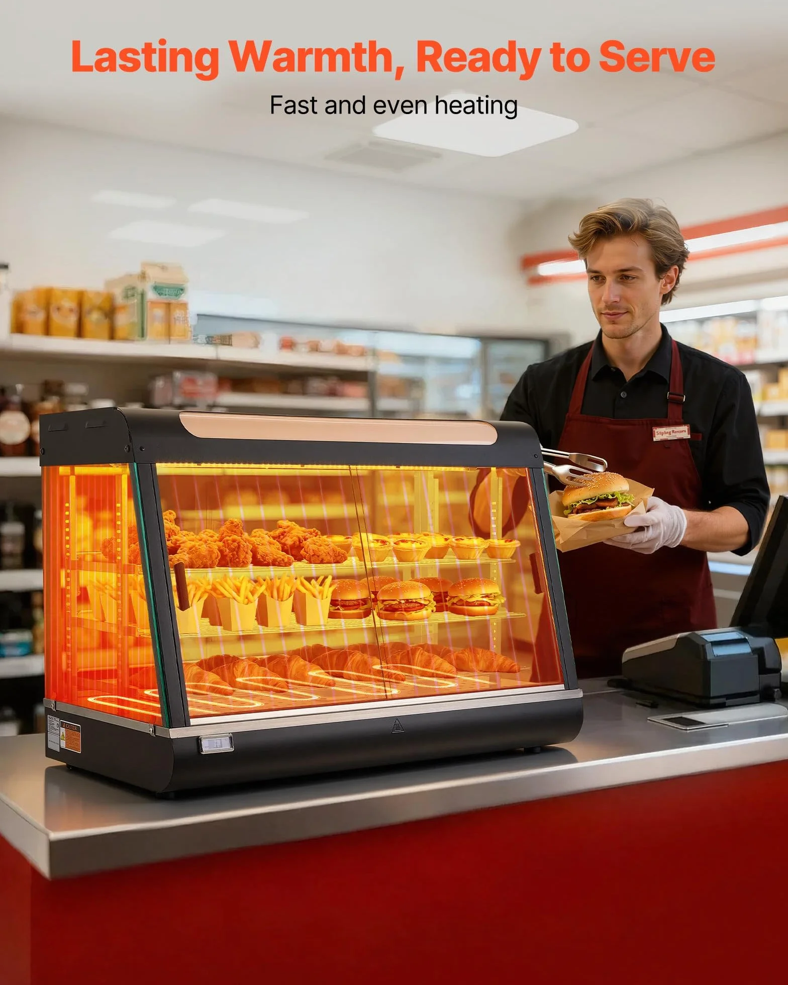 VEVOR Vitrina de Calor 3 Niveles 1400 W Expositor Calentador de Alimentos 130 L Luz LED Estantes Extraíbles