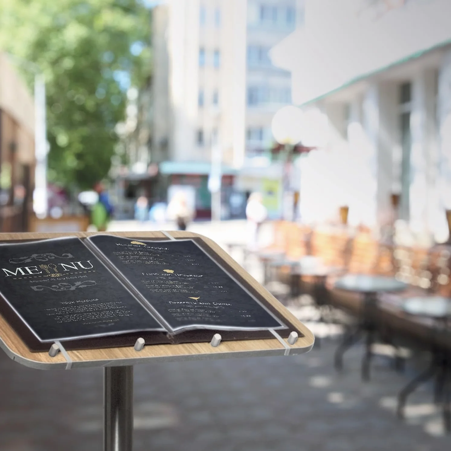 SECURIT - Porta Folleto con Poste y Base - Acero Inoxidable + Panel de Madera Laminada - Bandas Elásticas y Soportes Integrados - Restaurante, Cafetería, Bar - 113,7 x 54,2 x 36,7 cm