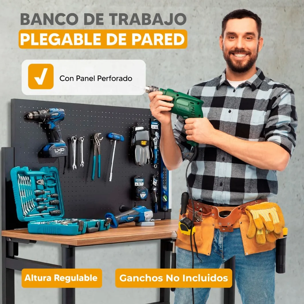 Kompact Banco de Trabajo Plegable de Pared con Altura Regulable, Mesa de Trabajo con Panel Perforado y Ganchos