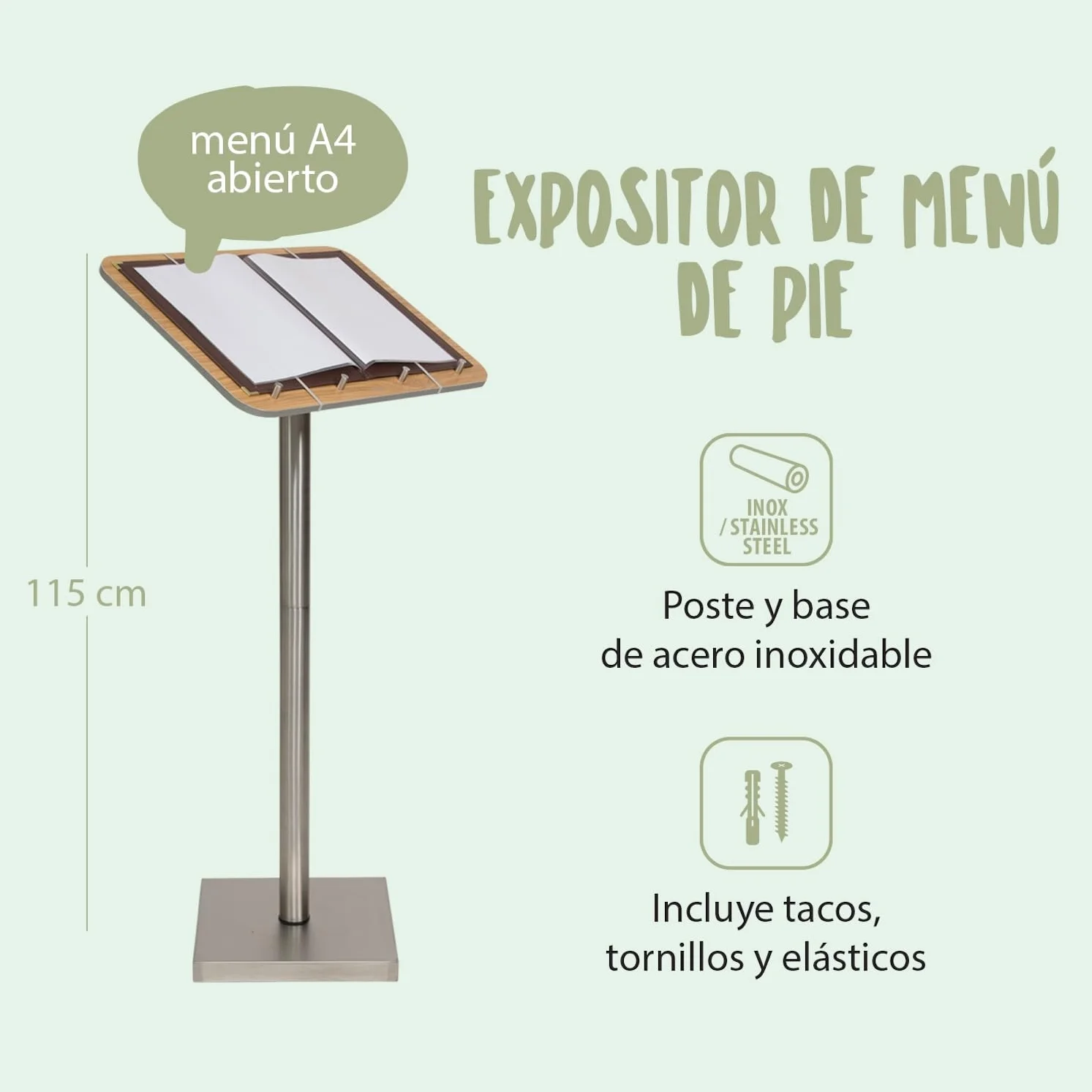 SECURIT - Porta Folleto con Poste y Base - Acero Inoxidable + Panel de Madera Laminada - Bandas Elásticas y Soportes Integrados - Restaurante, Cafetería, Bar - 113,7 x 54,2 x 36,7 cm