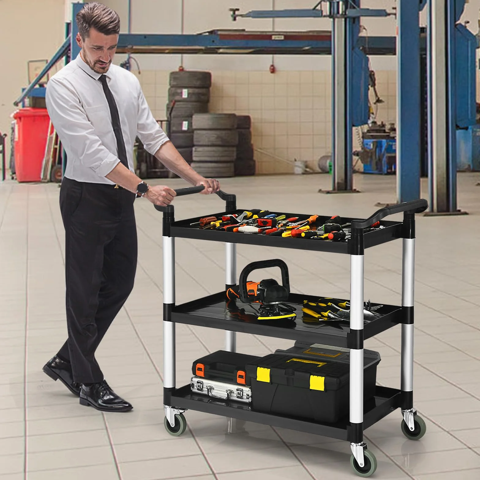 KOMFOTTEU Carro de Servicio de 3 Niveles, Carrito de Cocina con Ruedas, Capacidad de Carga 50 kg, 103 x 49 x 98 cm