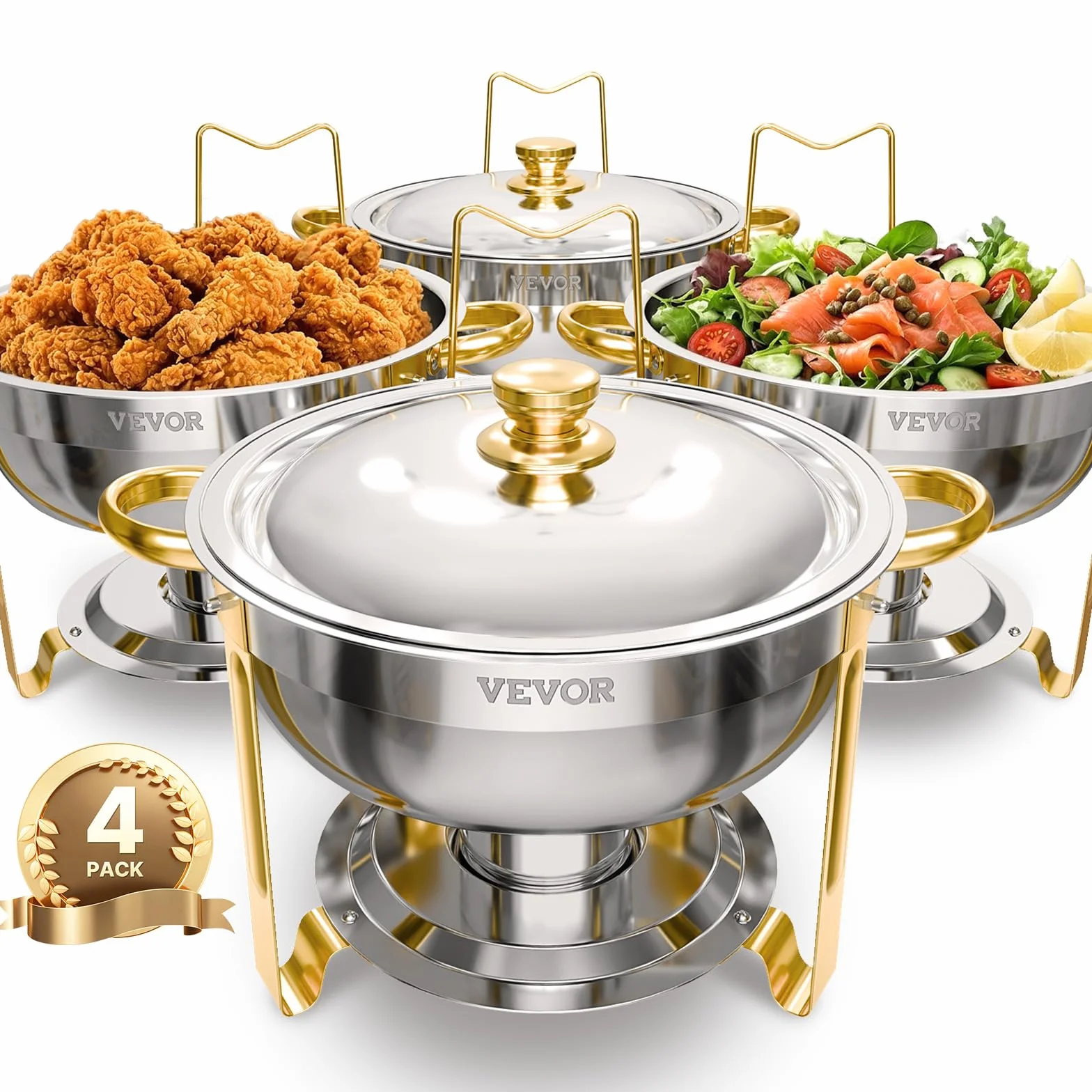 VEVOR Calentador de Alimentos para Bufé 4 Recipientes Redondo Tapa Bandeja Agua Soporte Plegable Dorado
