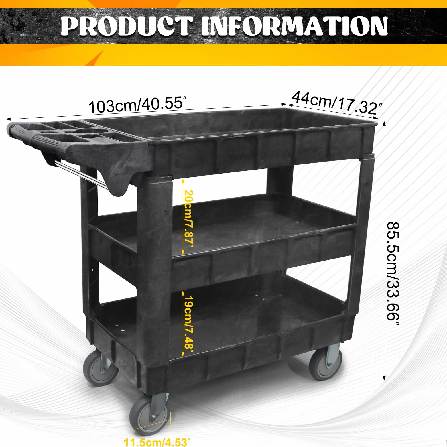 Carro de Taller de 3 Niveles (103×44×85 cm), Capacidad 250 kg – estantes Ajustables, Ruedas giratorias y Mango con Compartimentos – mazo de Goma Incluido