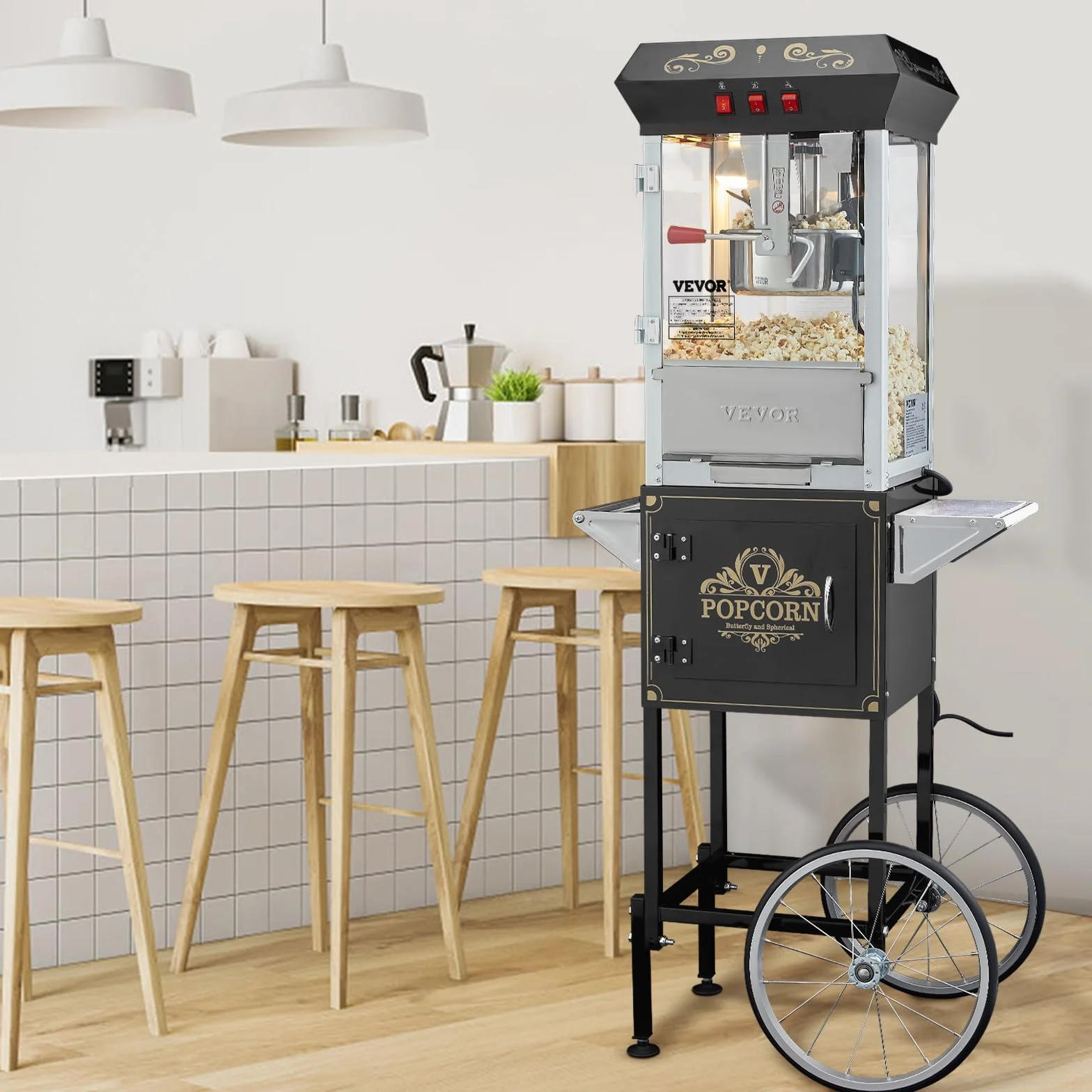VEVOR Máquina para Hacer Palomitas de Maíz con Carrito, 850 W, 8 oz, 48 Tazas, Vidrio Templado, Negro