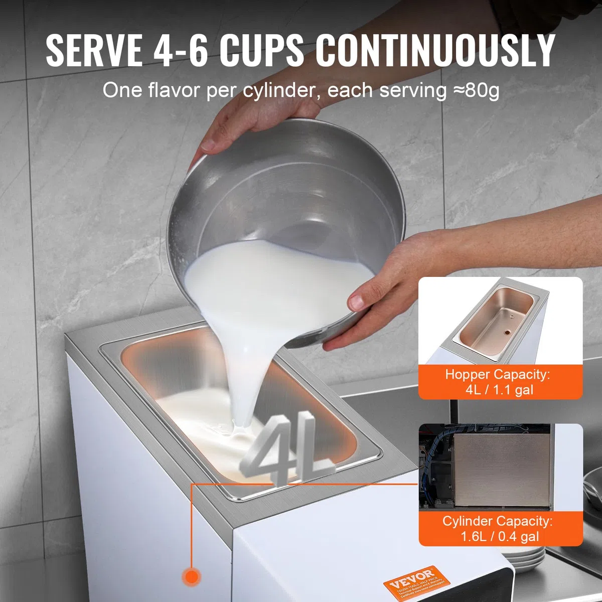VEVOR Máquina de Helados Comercial 10 L/h 900 W Sabor Único Máquina de Helados Italiana Tolva de Acero Inoxidable 4 L Preenfriamiento Automático de Pantalla Táctil para Restaurante Bar Mercado Tienda