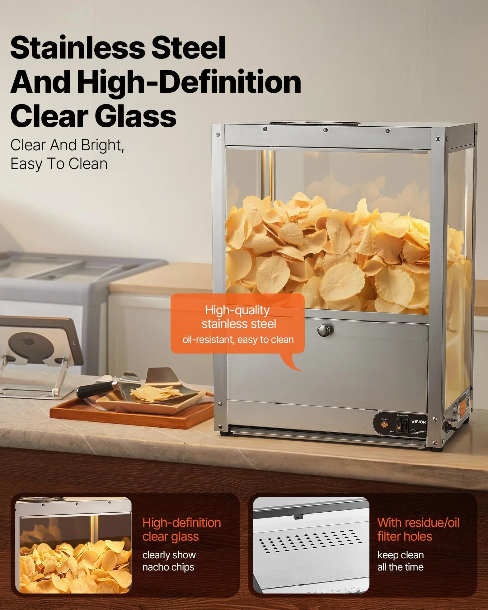 VEVOR Vitrina de Calor para Nachos 80 L 300 W Acero Inoxidable Expositor Térmico