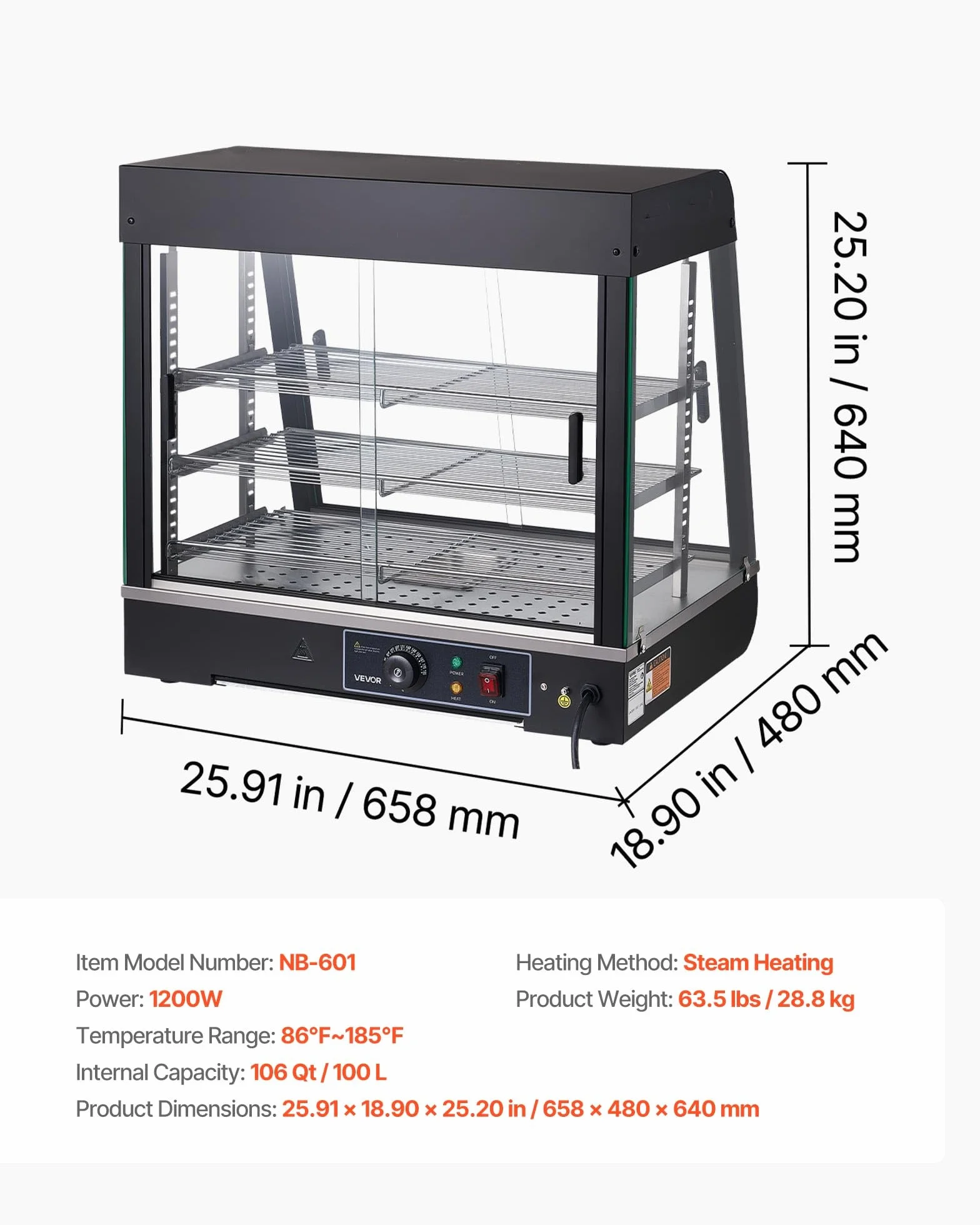 VEVOR Vitrina de Calor para Hostelería 1200 W 100 L 3 Niveles con Luz LED, Estantes Extraíbles 30-85°C