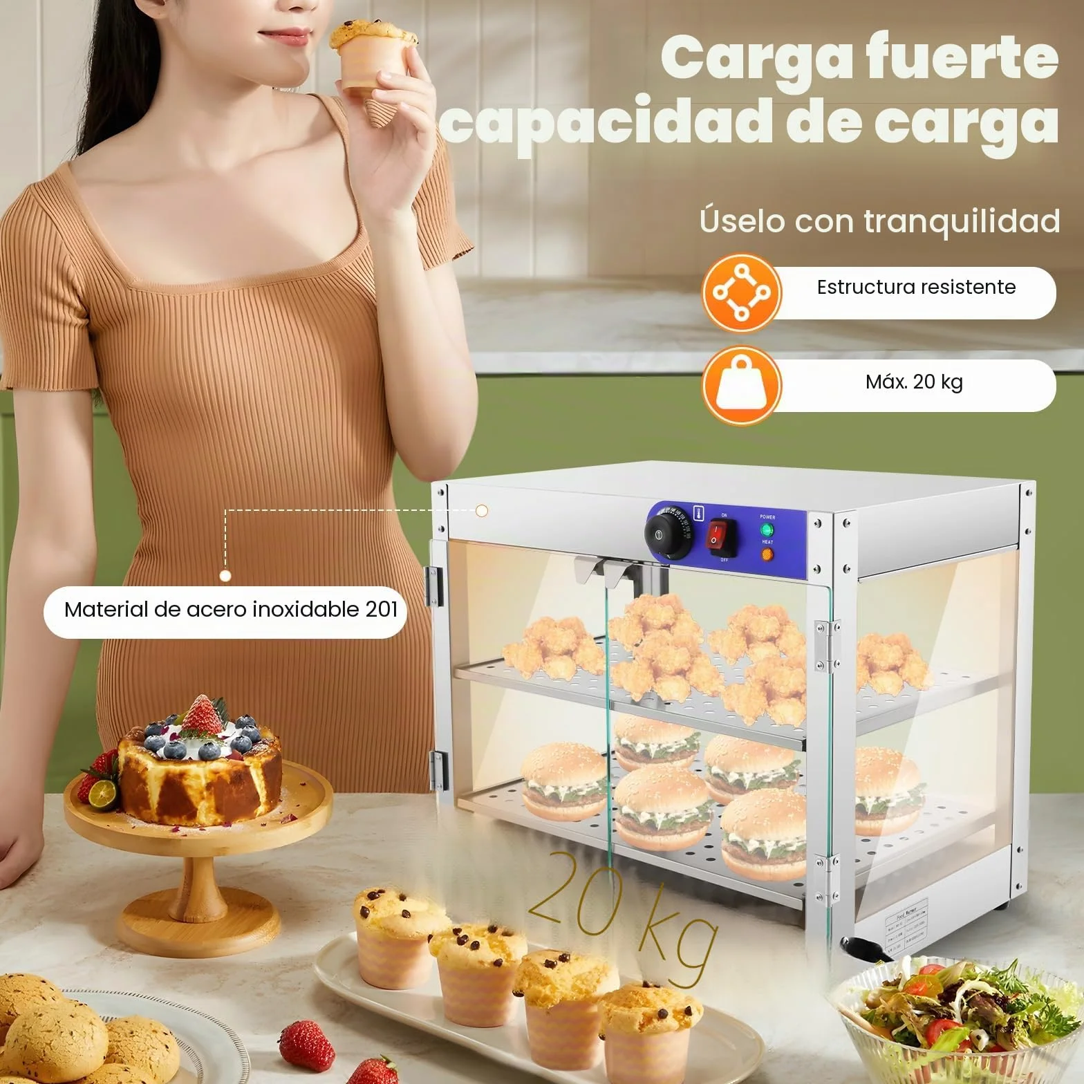 Recipiente Térmico, Vitrina Caliente 2 Niveles, 30-85°C, Calentador de Alimentos
