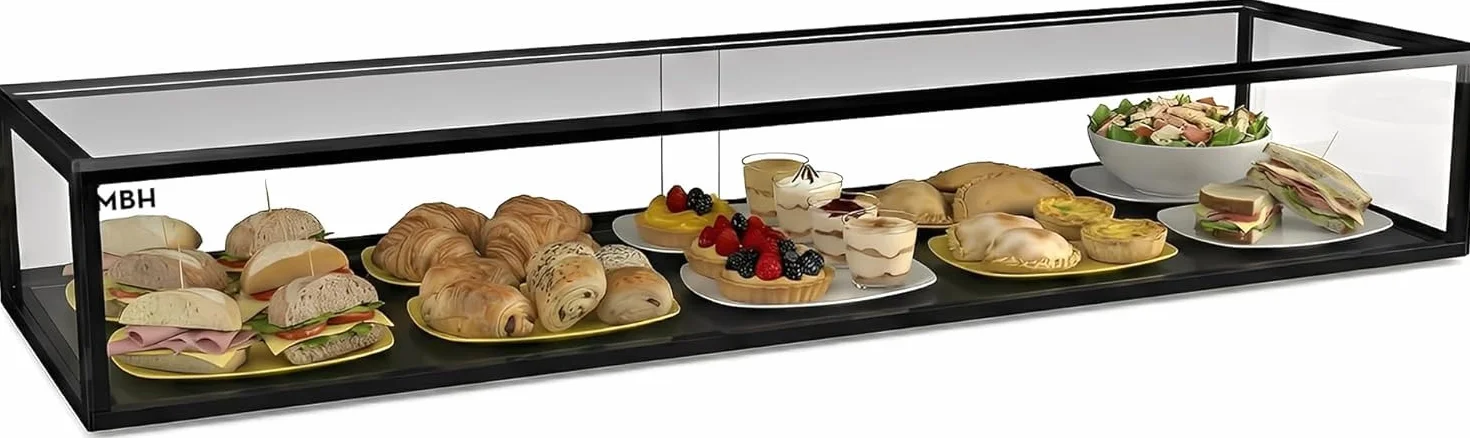 MBH - Vitrina Expositora Neutra de Sobremostrador 120x33 cm, Cristal Recto Templado, 1 Piso, sin Iluminación LED, Puertas Traseras Correderas, para Bar, Cafetería, Restaurante, Bollería y Repostería.