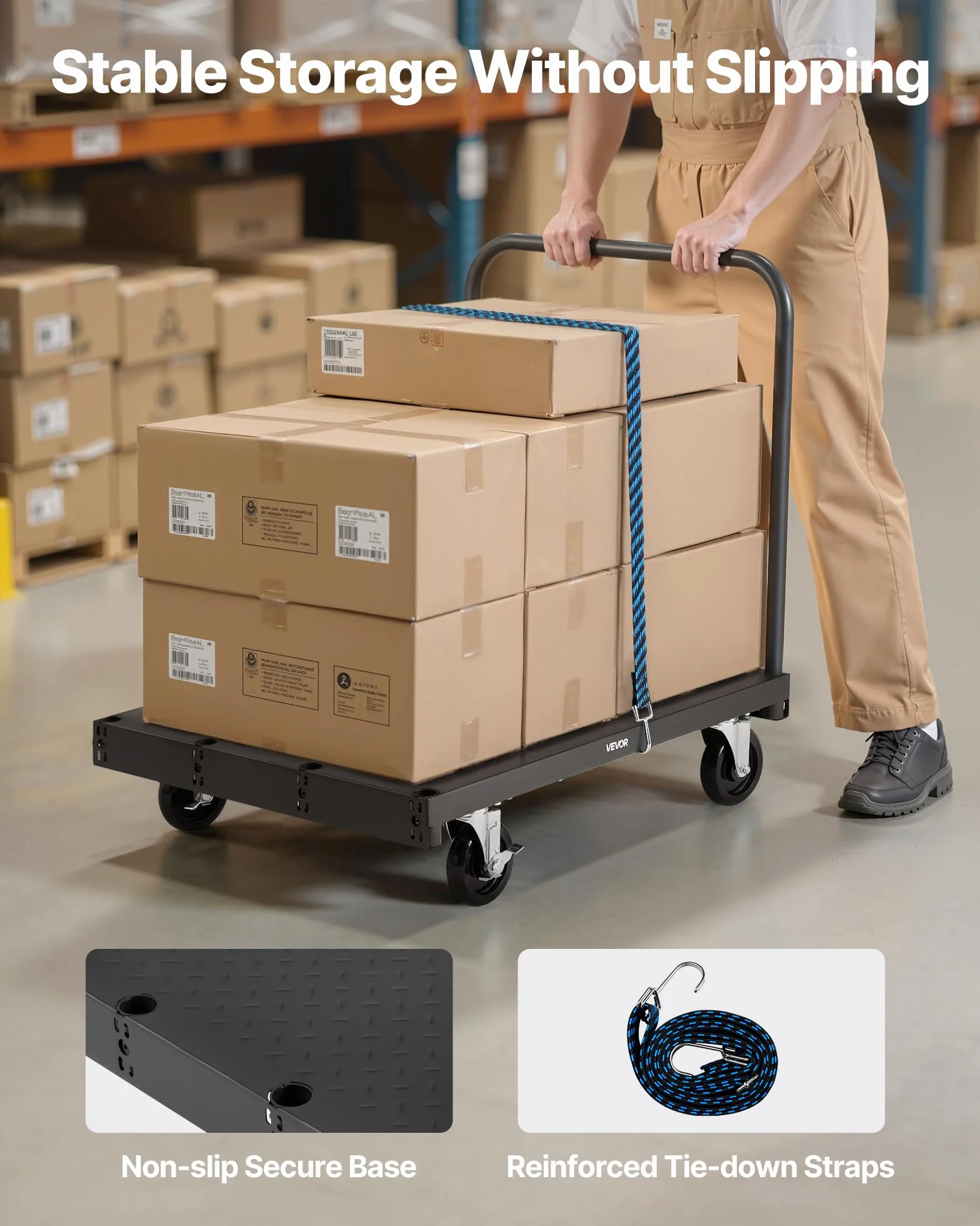 VEVOR Carro Portaplatos 816 kg 2 en 1 Ruedas Giratorias 360° 3 Pasamanos Laterales 914 x 610 x 878 mm Negro