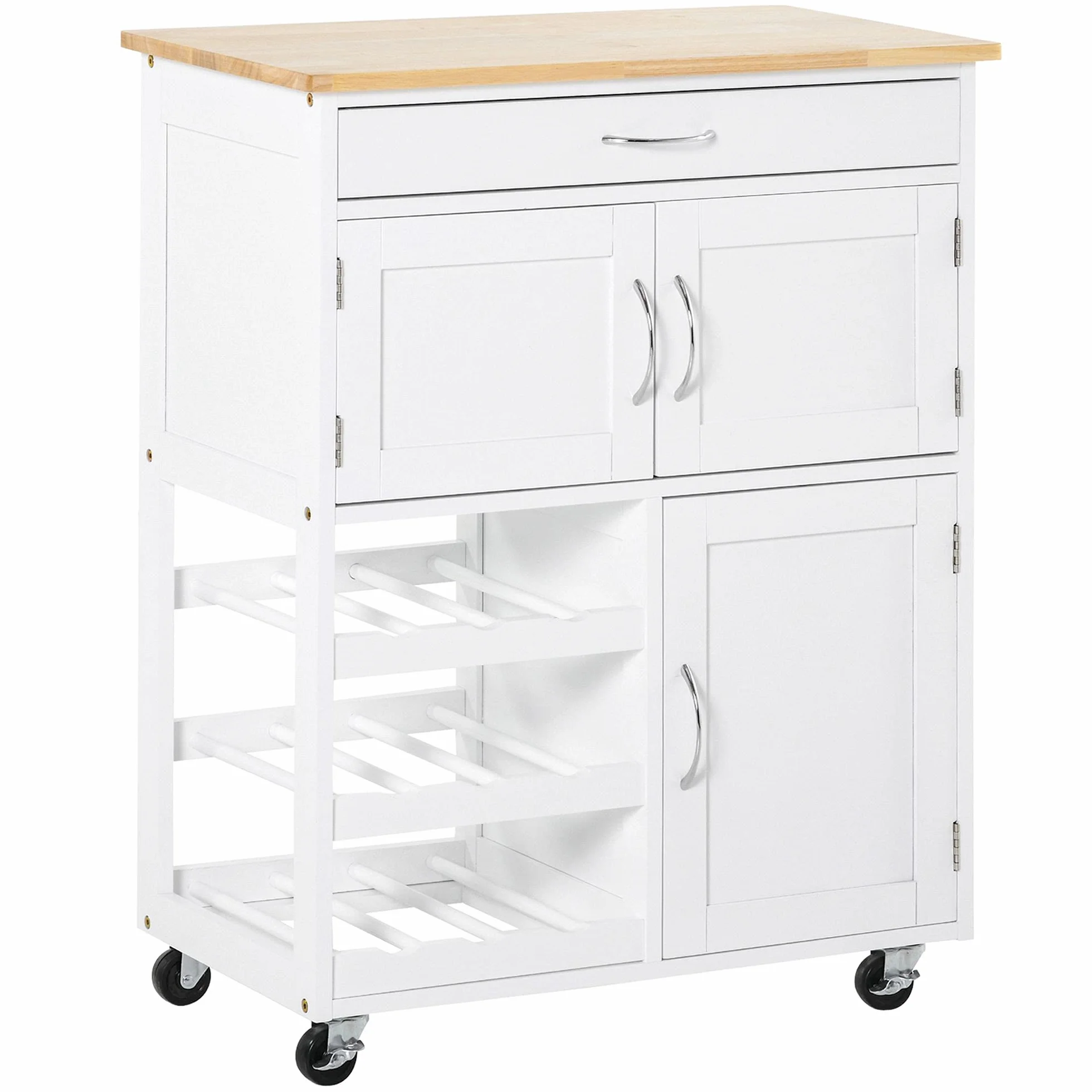 HOMCOM Carro de Cocina Carrito Auxiliar con Ruedas Cajón 2 Armarios de Almacenaje y 3 Estantes Abiertos de 9 Botellas para Comedor Restaurante 67x37x87 cm Blanco