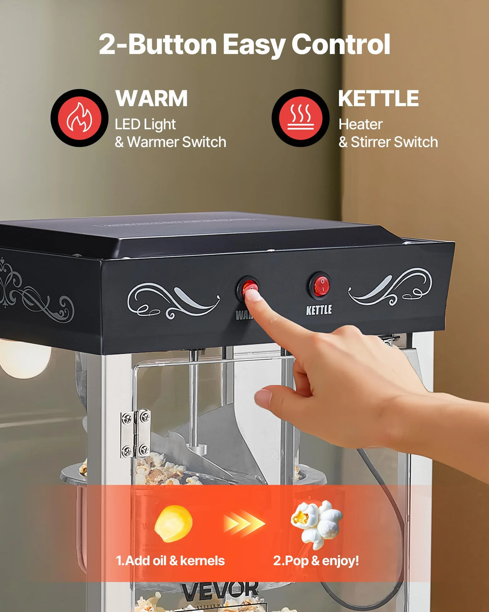 VEVOR Máquina de Palomitas Acero Inoxidable 800 W 48 Tazas Estilo Cine Negro