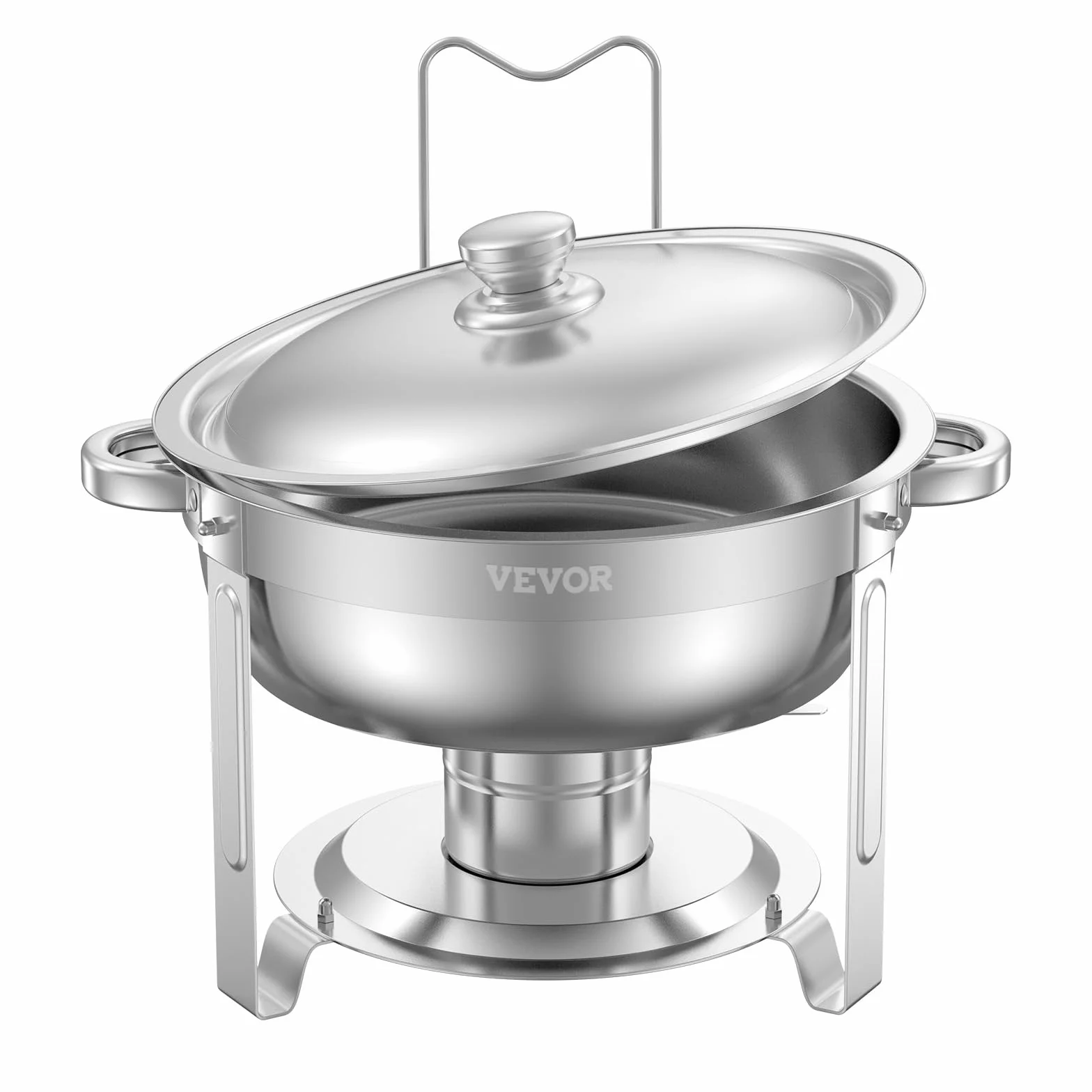 VEVOR Calentador de Alimentos para Bufé con 4 Recipientes de Tamaño Completo(4,7 L Cada Uno), Redondo, para Catering con Tapa, Bandeja de Agua y Soporte Plegable, para Bodas y Fiestas, Plata