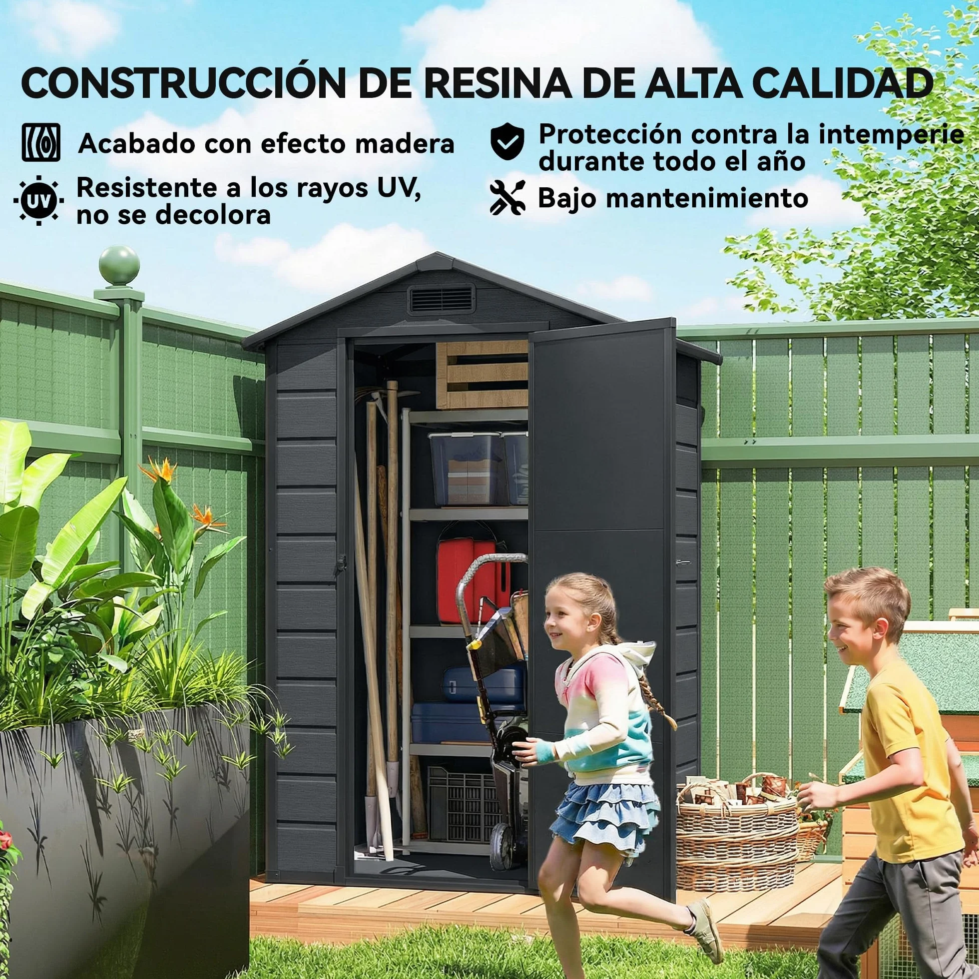 Outsunny Caseta de Jardín Exterior 1,09 m² 128x104x196 cm Cobertizo de Plástico con Suelo Puerta con Cerradura Gris Oscuro