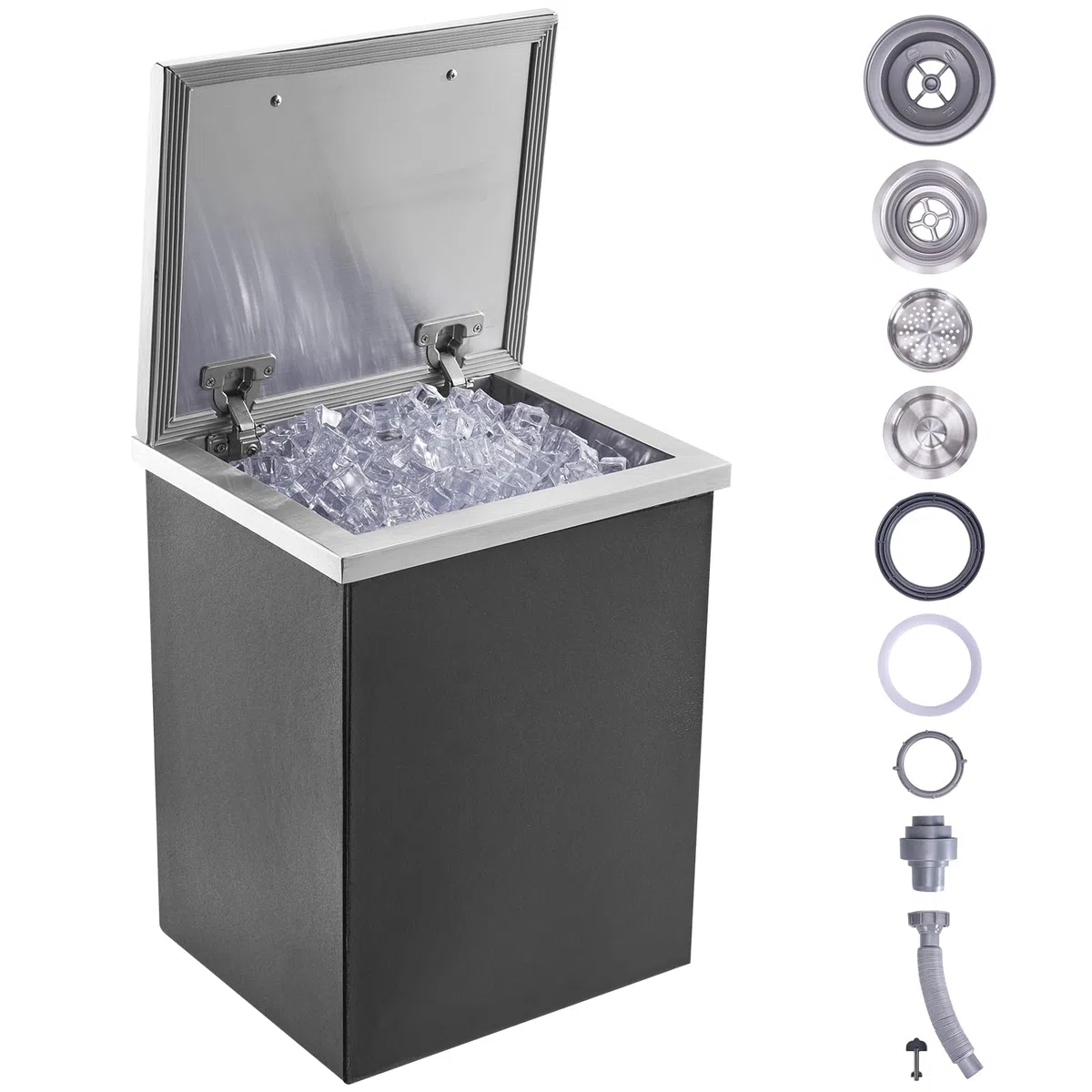 VEVOR Cofre de Hielo, 355 mm de Largo x 305 mm de Ancho x 461 mm de Alto, Enfriador de Hielo de Acero Inoxidable, Contenedor de Hielo Comercial con Cubierta con Bisagras, Aleación de Aluminio de Mango