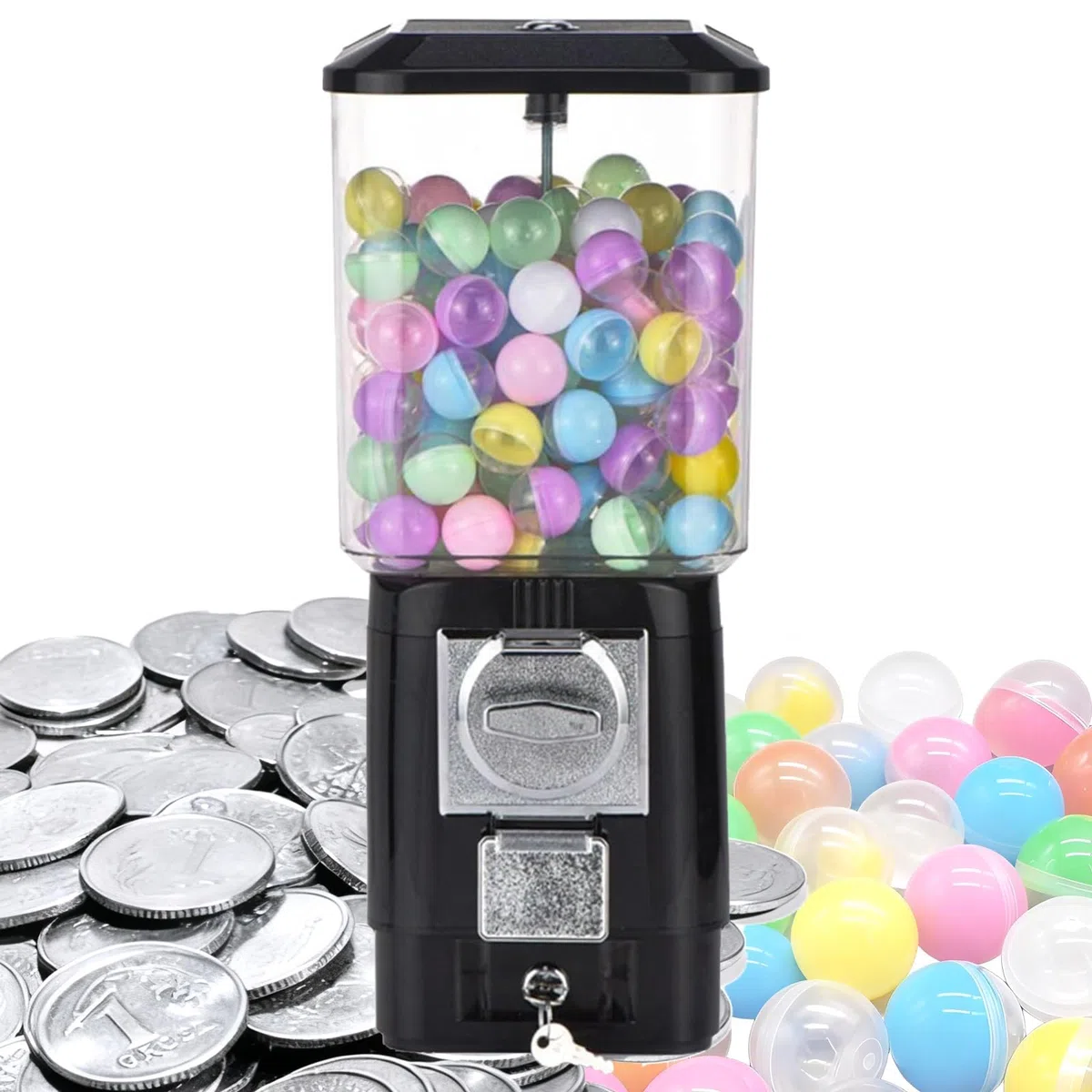Máquinas expendedoras de caramelos, máquina de chicles con monedas, 200 bolas vacías, 100 fichas de acero inoxidable, alcancía chicles con monedas, cápsulas de juguete(Black)