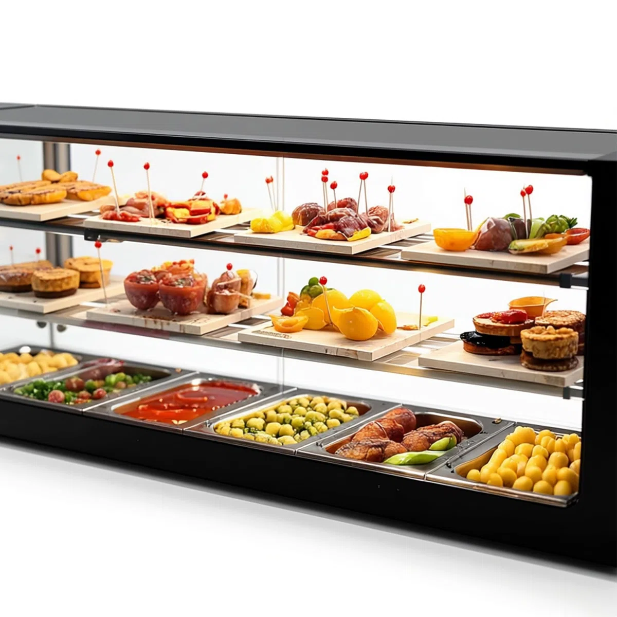 Vitrina de Tapas Logic WORLDMAI x SAYL, 132 x 38 cm, 3 Pisos y 6 cubetas GN 1/3 para hostelería. Vitrina expositora refrigerada Profesional de sobremesa con iluminación LED, para Bar y Restaurante.