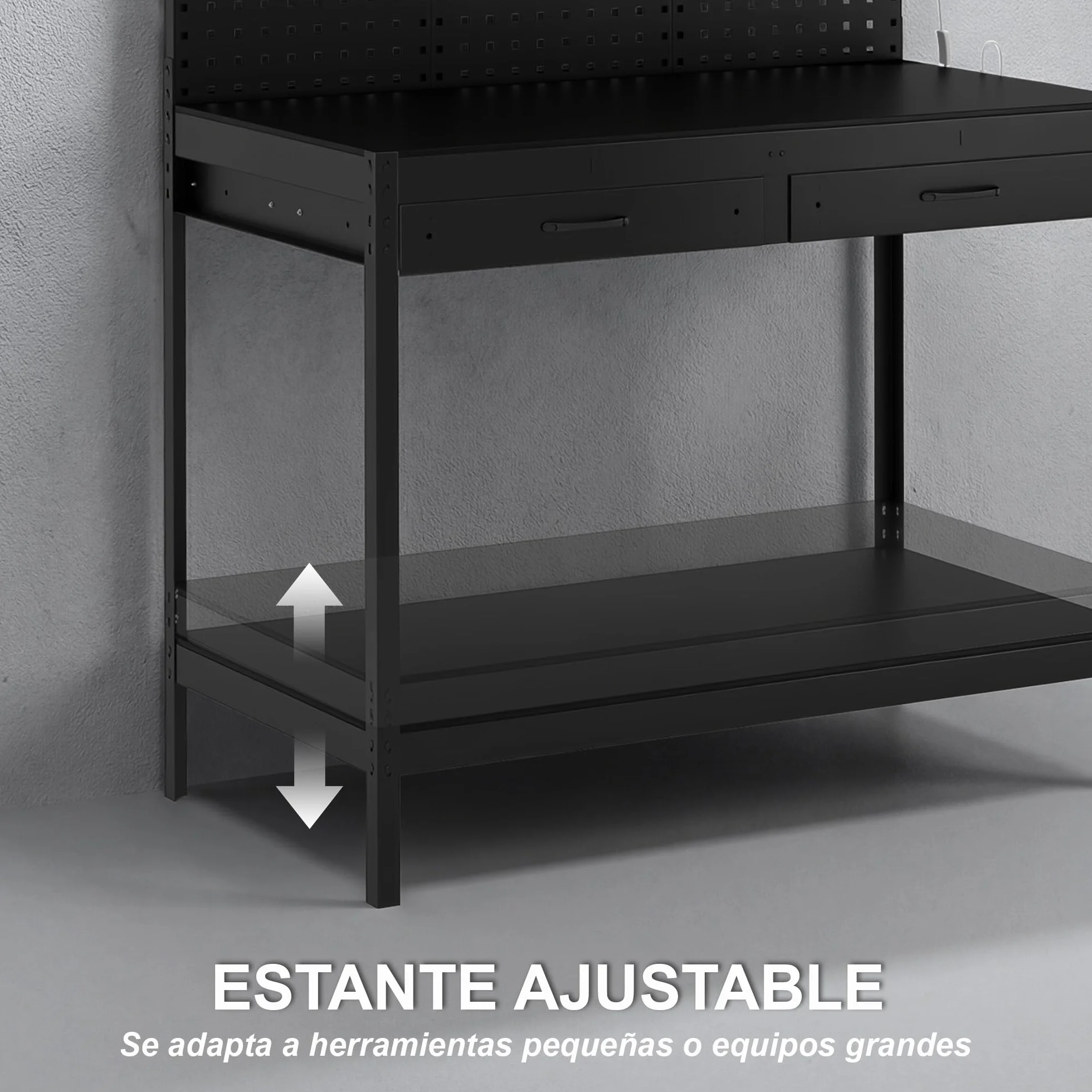 HOMCOM Banco de Trabajo, Carga 272 kg, 110x60x150 cm, Mesa de Trabajo con Tableros Perforados Metálicos, Toma de Corriente, Luces LED, 2 Cajones y Estantes, para Garaje y Taller, Negro